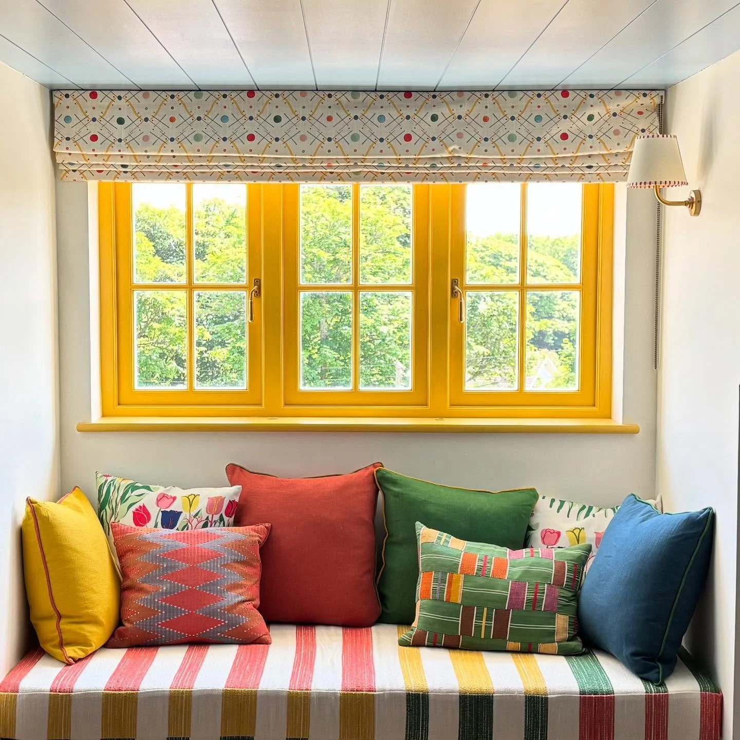 Bringing a splash of color and elegance to your space! Our beautifully designed window not only brightens up the room but also ties in perfectly with these cozy cushions #window #joinery #bespoke #bespokejoinery #woodwork #precisionwoodwork