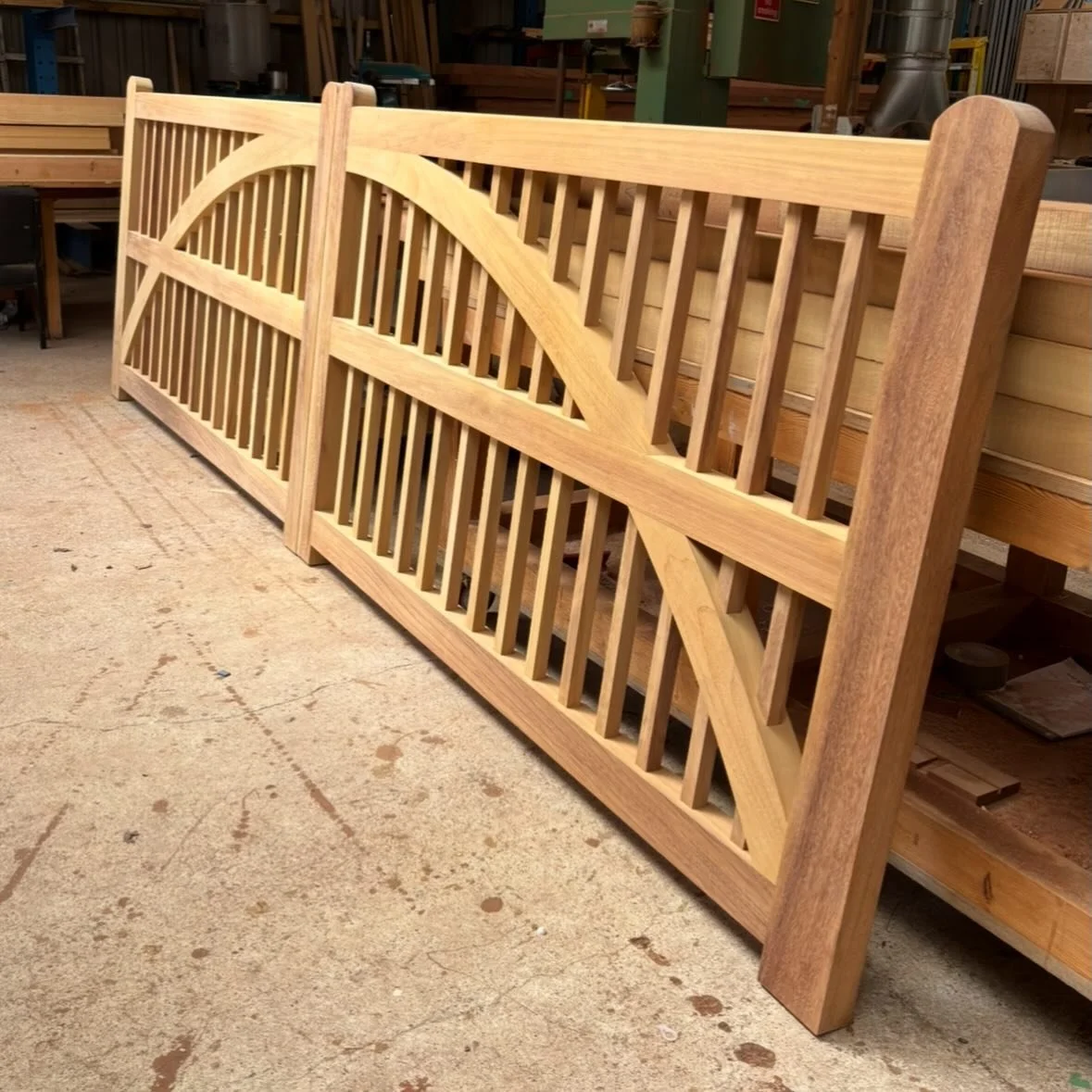 Lovely pair of Iroko gates manufactured with a very interesting design #iroko #gates #bespokejoinery #joinery #cornwall
