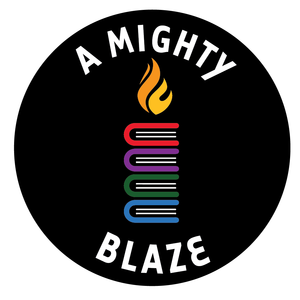 A logo with a black background featuring the phrase 'A Mighty Blaze' in white capital letters above and below a vertical stack of colorful books, topped with a flame.