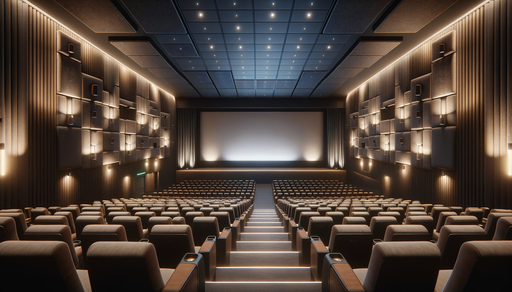 Empty modern movie theater with rows of brown seats, illuminated aisle lights, large screen at front, and ambient wall lighting.