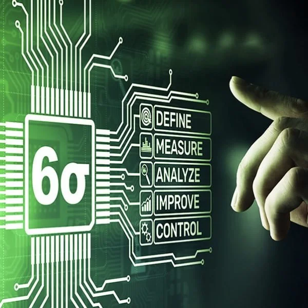 Digital illustration of a microchip labeled '6G' with circuit connections, alongside a hand pointing to a list of steps: Define, Measure, Analyze, Improve, Control.