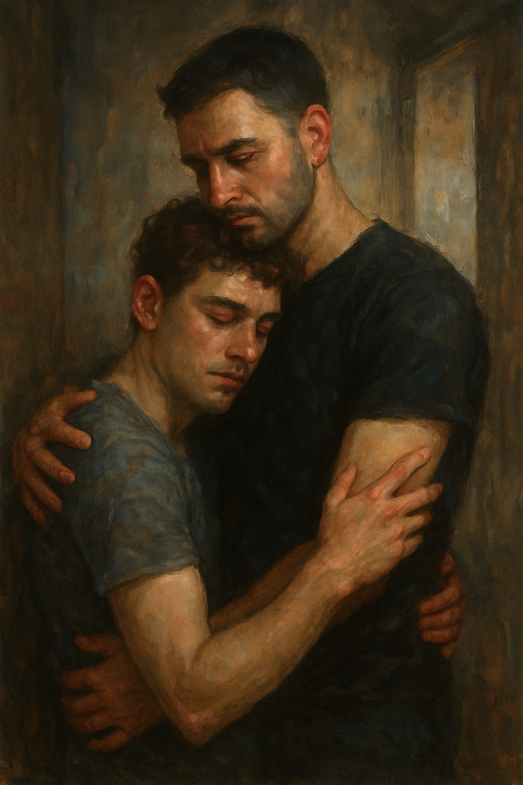 Two men hugging