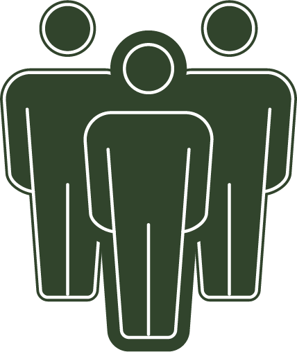 Outline graphic of three people standing together, with one figure in front and two behind.