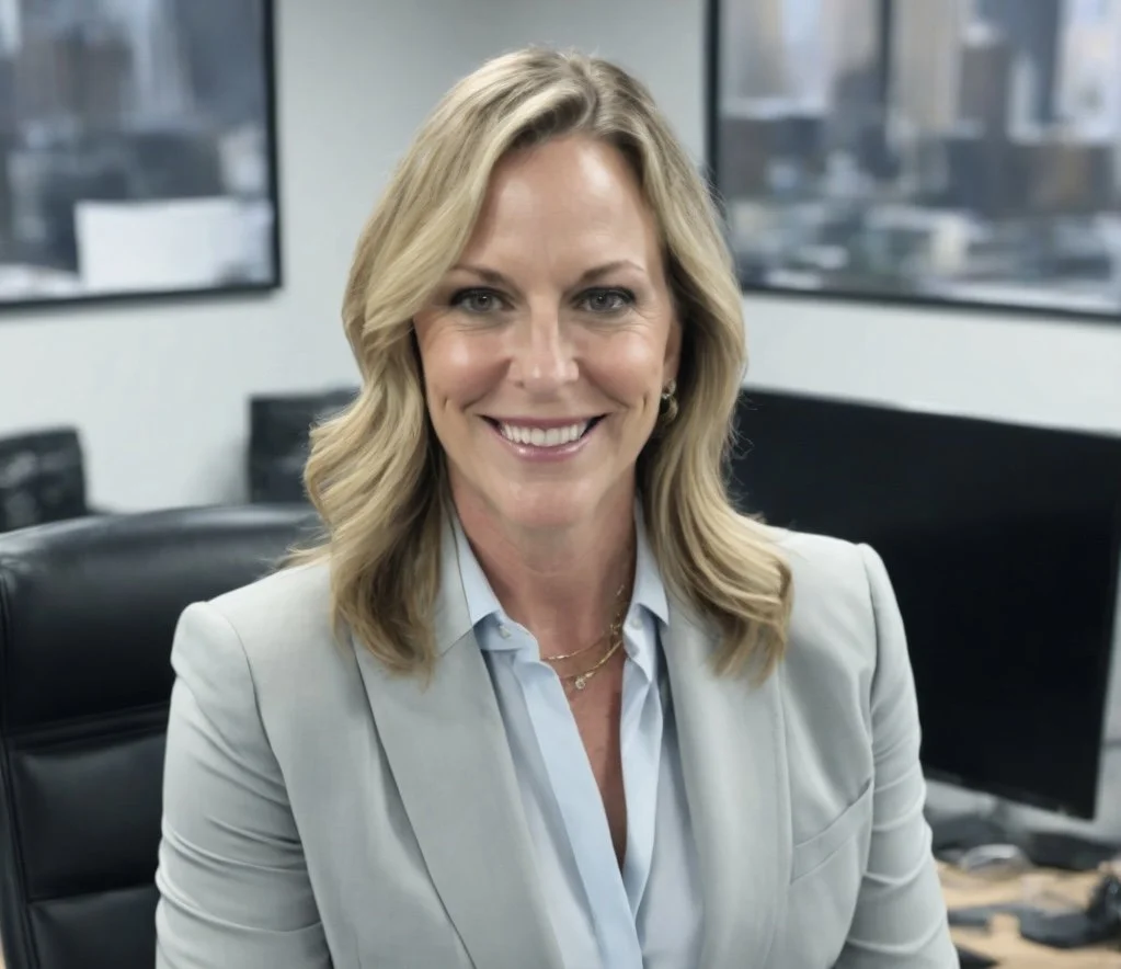 A smiling woman with blonde hair wearing a light gray blazer and white shirt, sitting in an office with large windows and a cityscape view in the background.