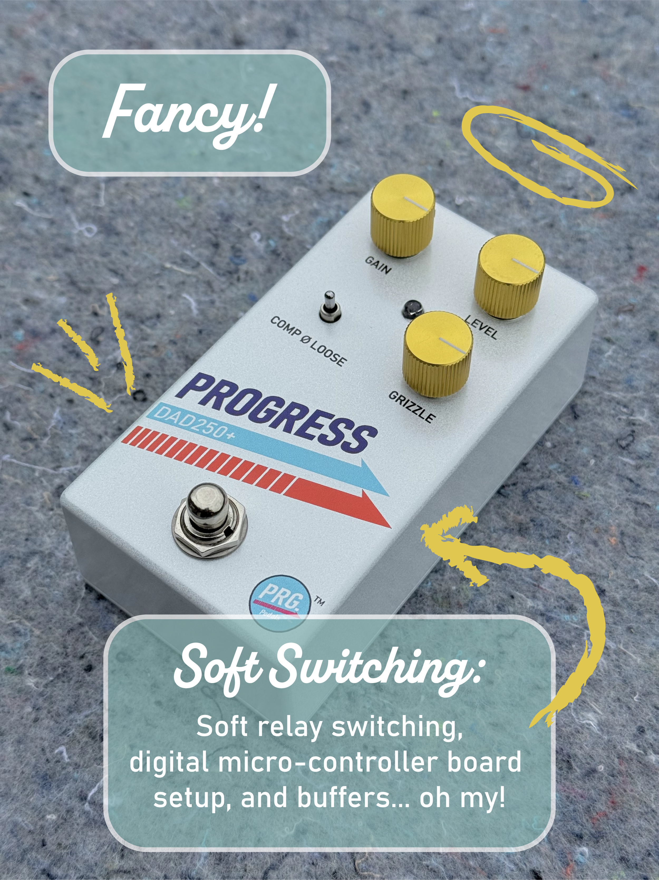 Close-up of a white electronic control box with three yellow knobs labeled Gain, Level, and Grizzle, a small toggle switch labeled Comp Ø Loose, a footswitch at the bottom, and a blue sticker that says PRG. The background is a grey speckled surface.