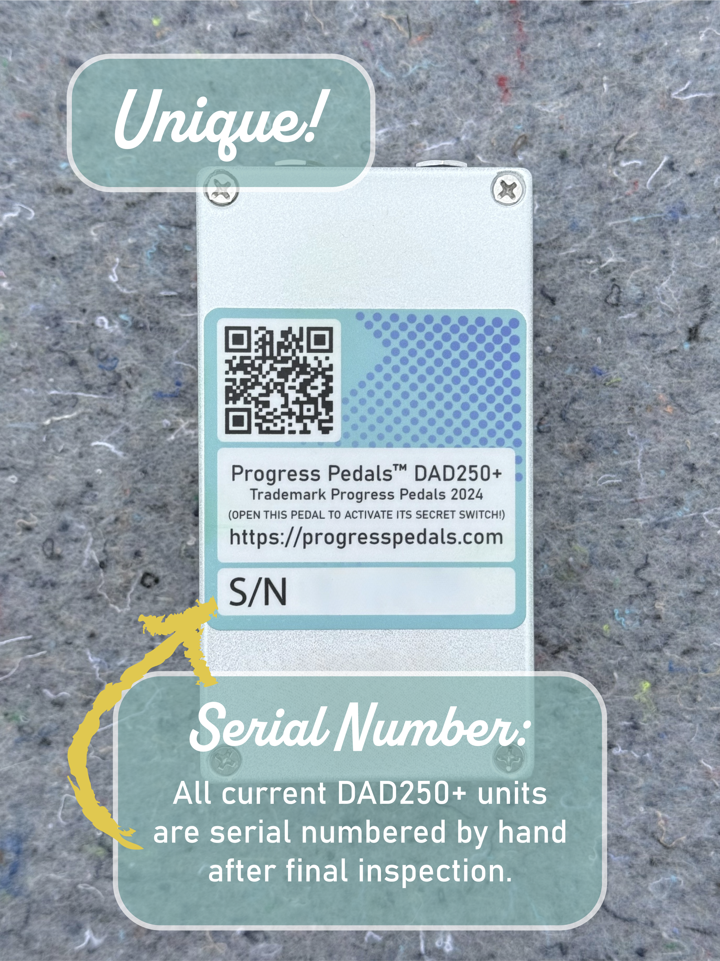 Three white boxes with blue circular labels stacked on a wooden surface. The labels read 'Progress Pedals' and include a pink pegboard graphic, serial numbers, and est 2024.