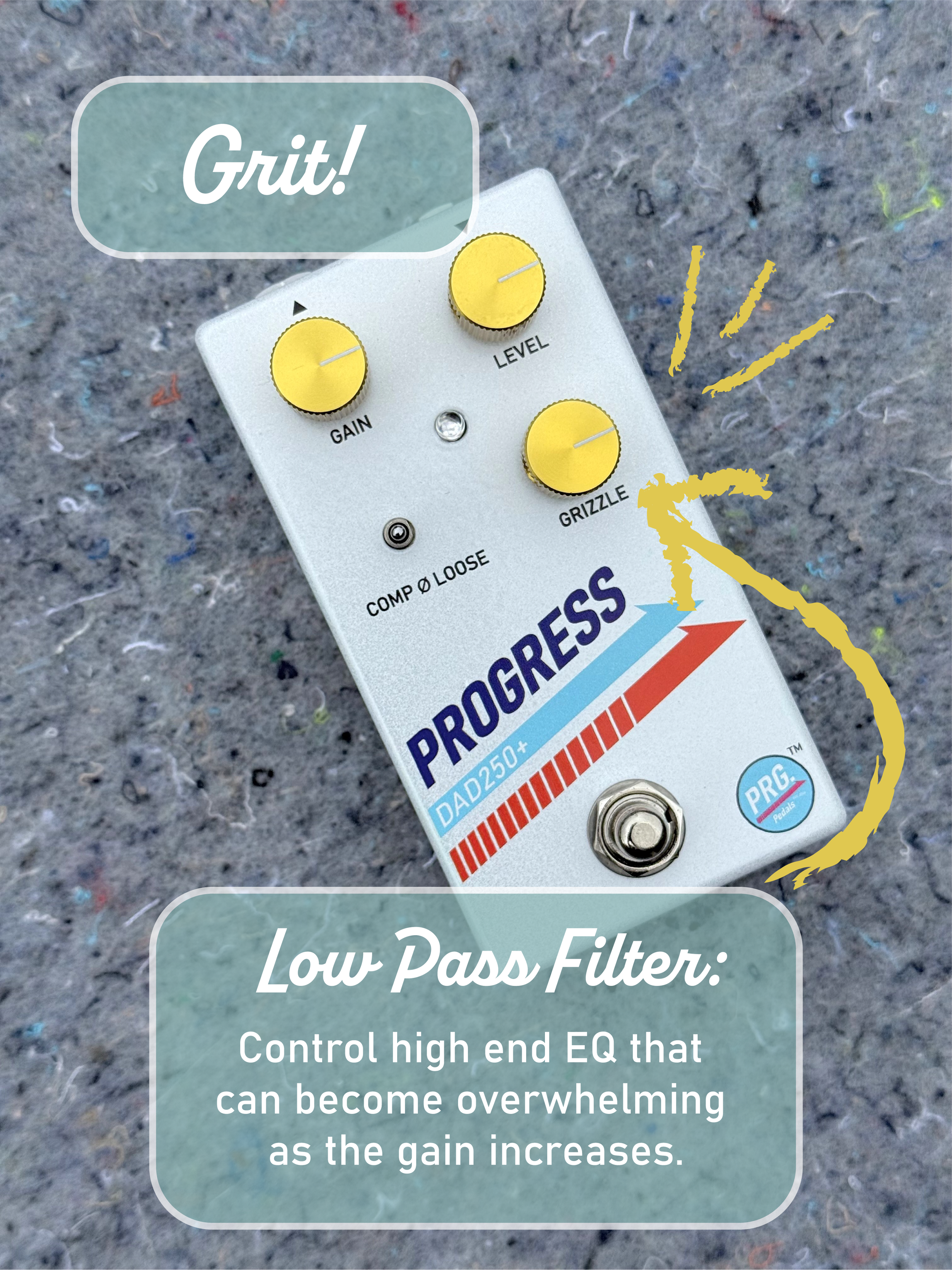 Guitar effects pedal with four yellow knobs labeled Gain, Level, Grindle, and Comp Loose. The Grindle knob is pointed at the 12 o'clock position. There are small switches and a footswitch at the bottom. The pedal sits on a gray speckled surface.