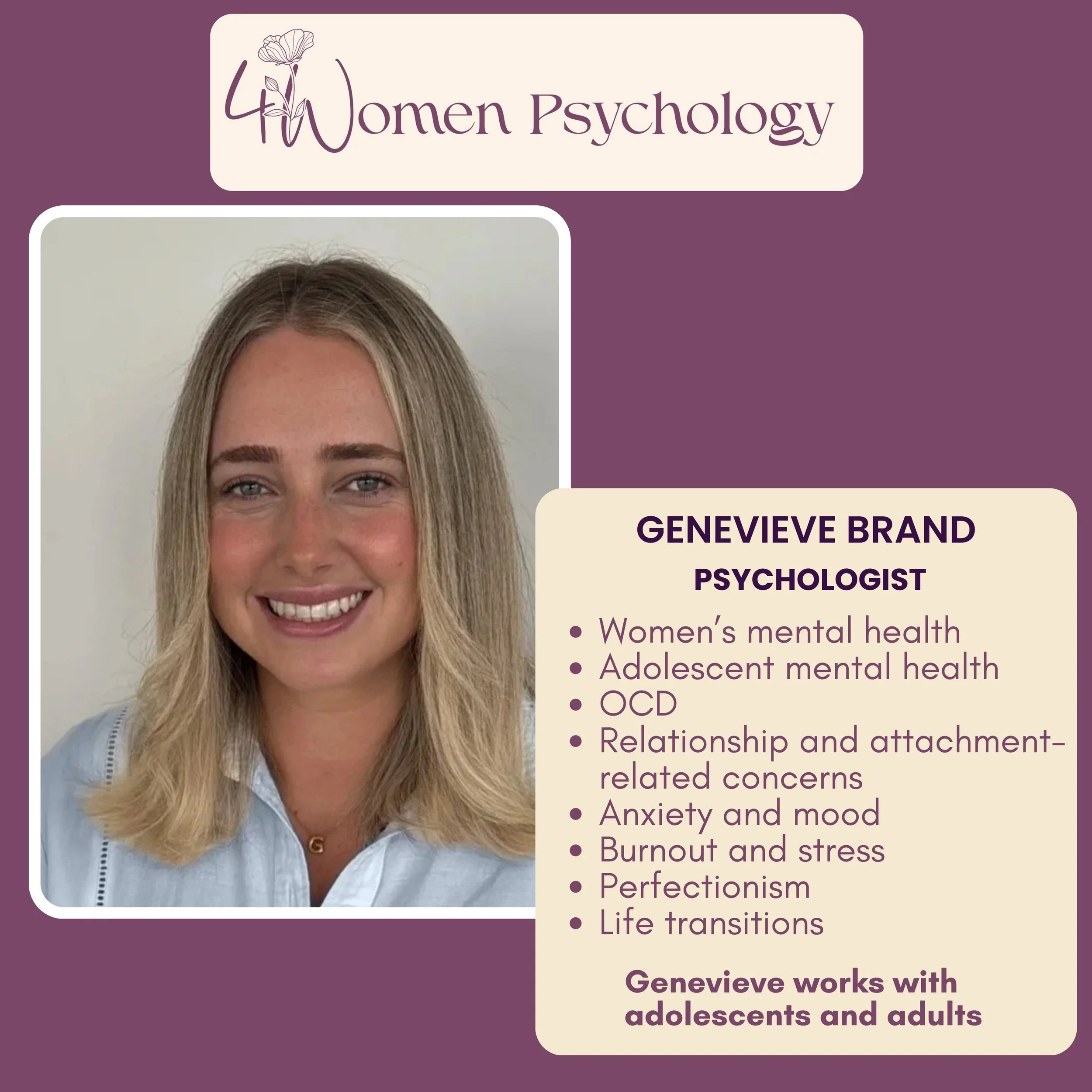 4Women Psychology is growing ❤️ We are so excited to welcome Genevieve to the team. I am so grateful she has chosen us too ! 🥰 Genevieve is available for referrals and new clients so please contact us to book in with her at hello@4women.com.au