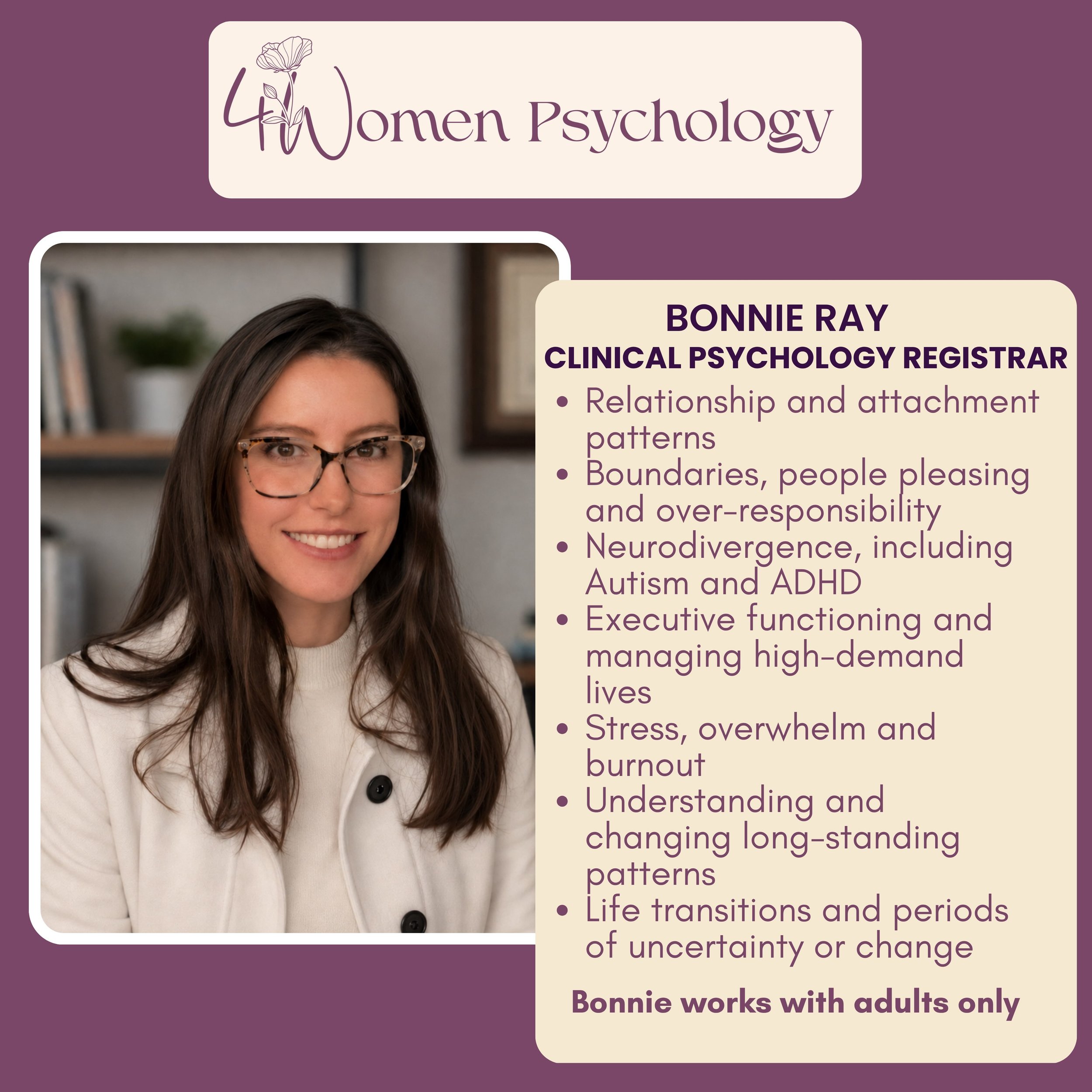 We welcome Bonnie to the 4Women Psychology team 🥰 We are thrilled that Bonnie has chosen us to work with !! Bonnie is accepting new clients so please email admin on  hello@4women.com.au to book an appointment 😊