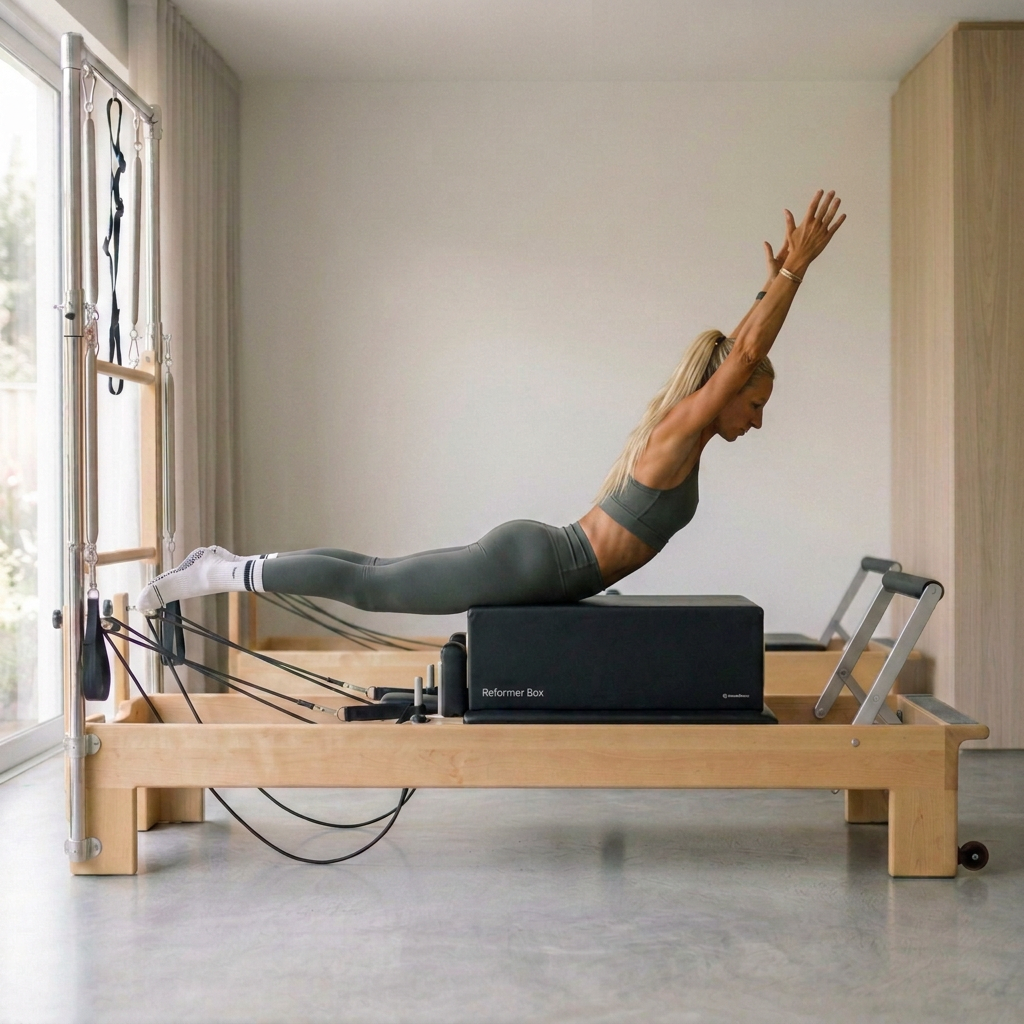 blond woman exercising indoor on reformer pilates with green outfit