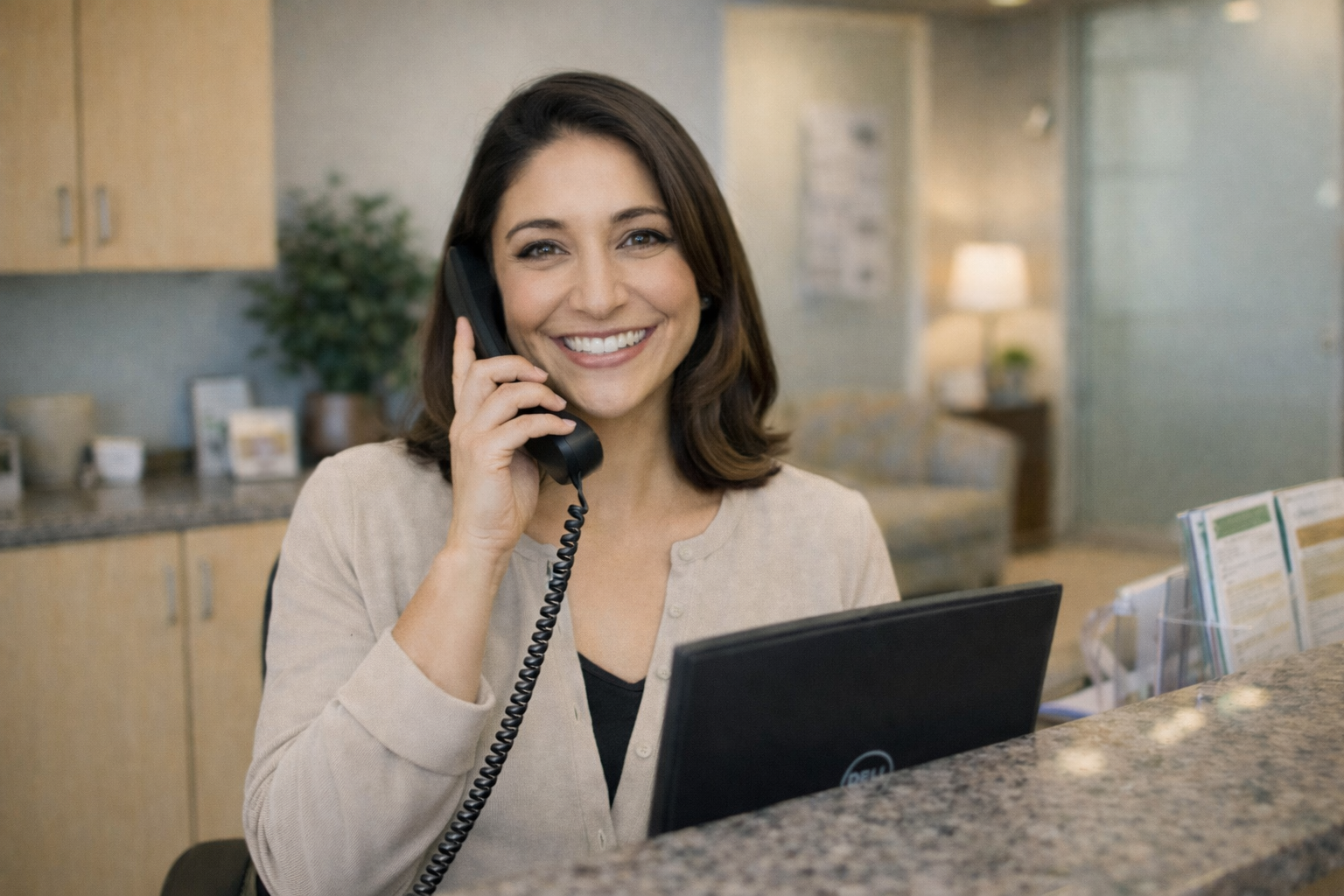 A woman smiling and talking on a corded telephone at a reception desk, with a laptop, notepad, and pen in front of her.