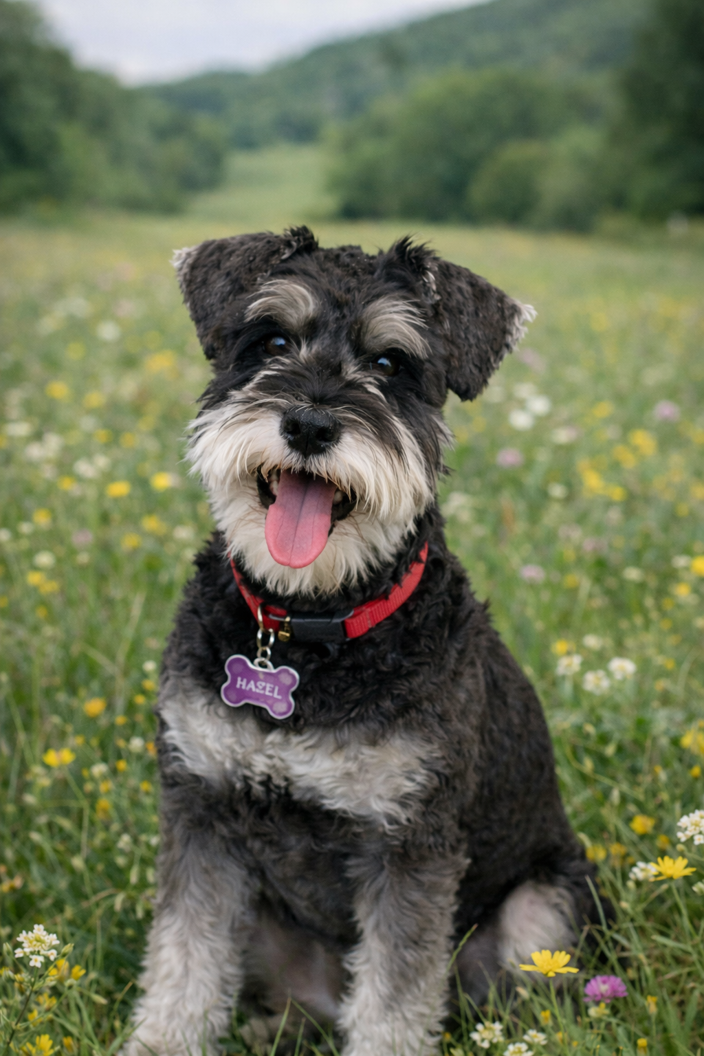 Adorable black and gray puppy with floppy ears sitting on a carpeted floor inside a home.
