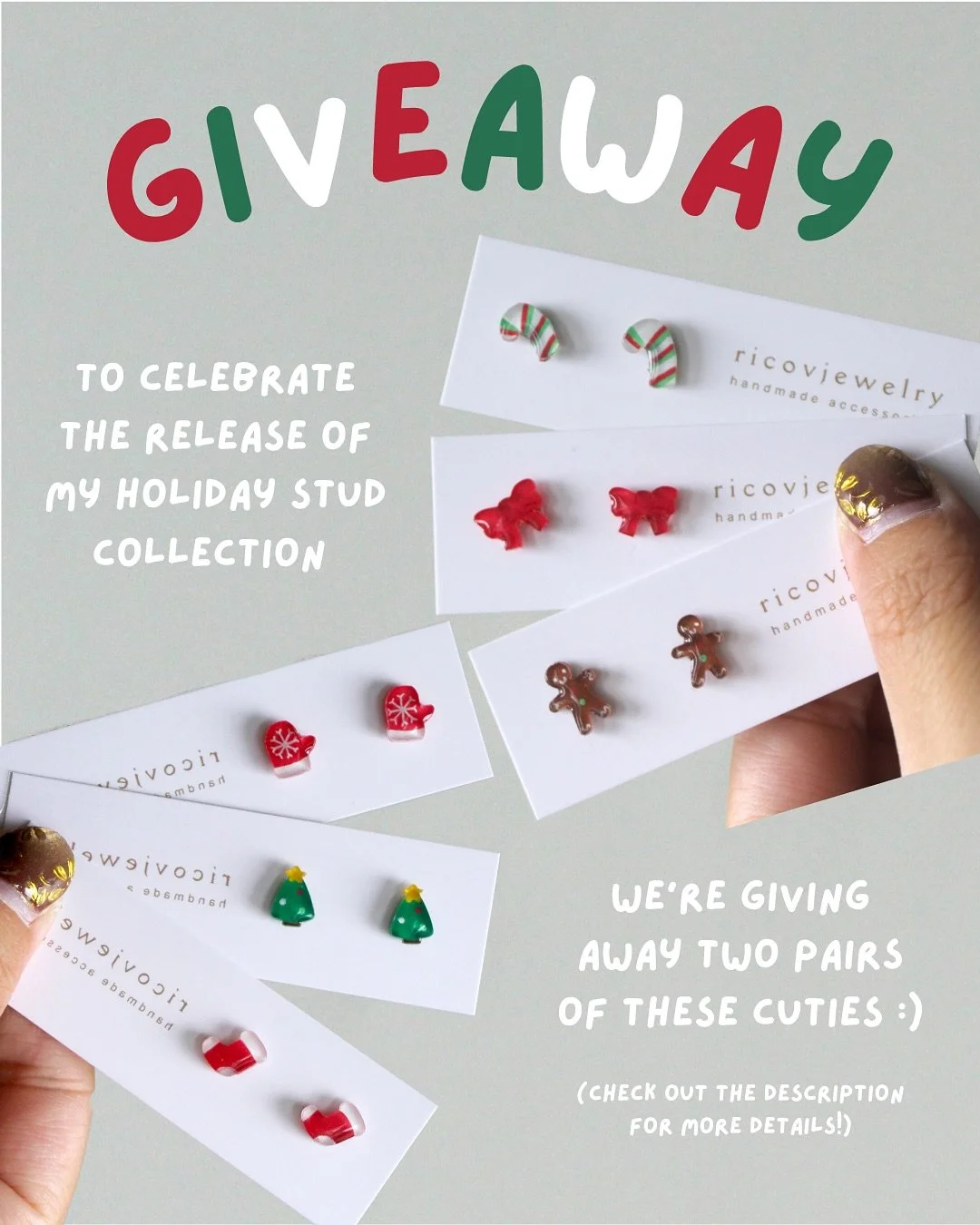(CLOSED) HELLO HOLIDAY GIVEAWAY 🎄

To celebrate the release of my holiday stud collection and to kick off the holiday market season, RicovJewelry is hosting a GIVEAWAY!!! 

🍀 One lucky winner will win:

✨ Two (2) pairs of studs of your choosing! 

