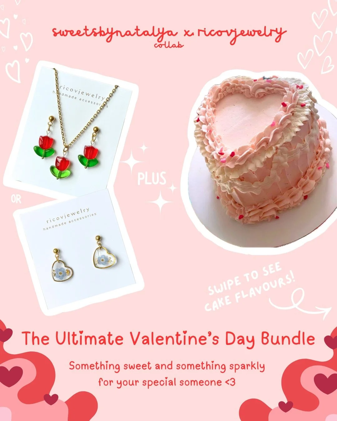 Can&rsquo;t decide what to get your Valentine? Look no further because this @sweetsbynatalya x @ricovjewelry collab has the ULTIMATE VALENTINE BUNDLE for your love, your best friend, or for yourself 💘💝💕

Get a heart shaped cake and handmade jewelr