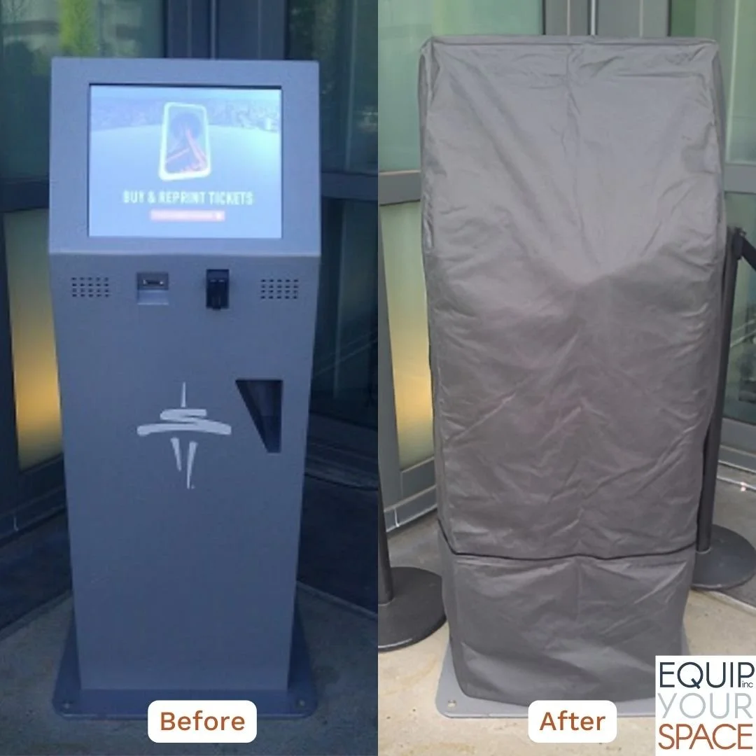 before and after of an electronic kiosk with and without a cover