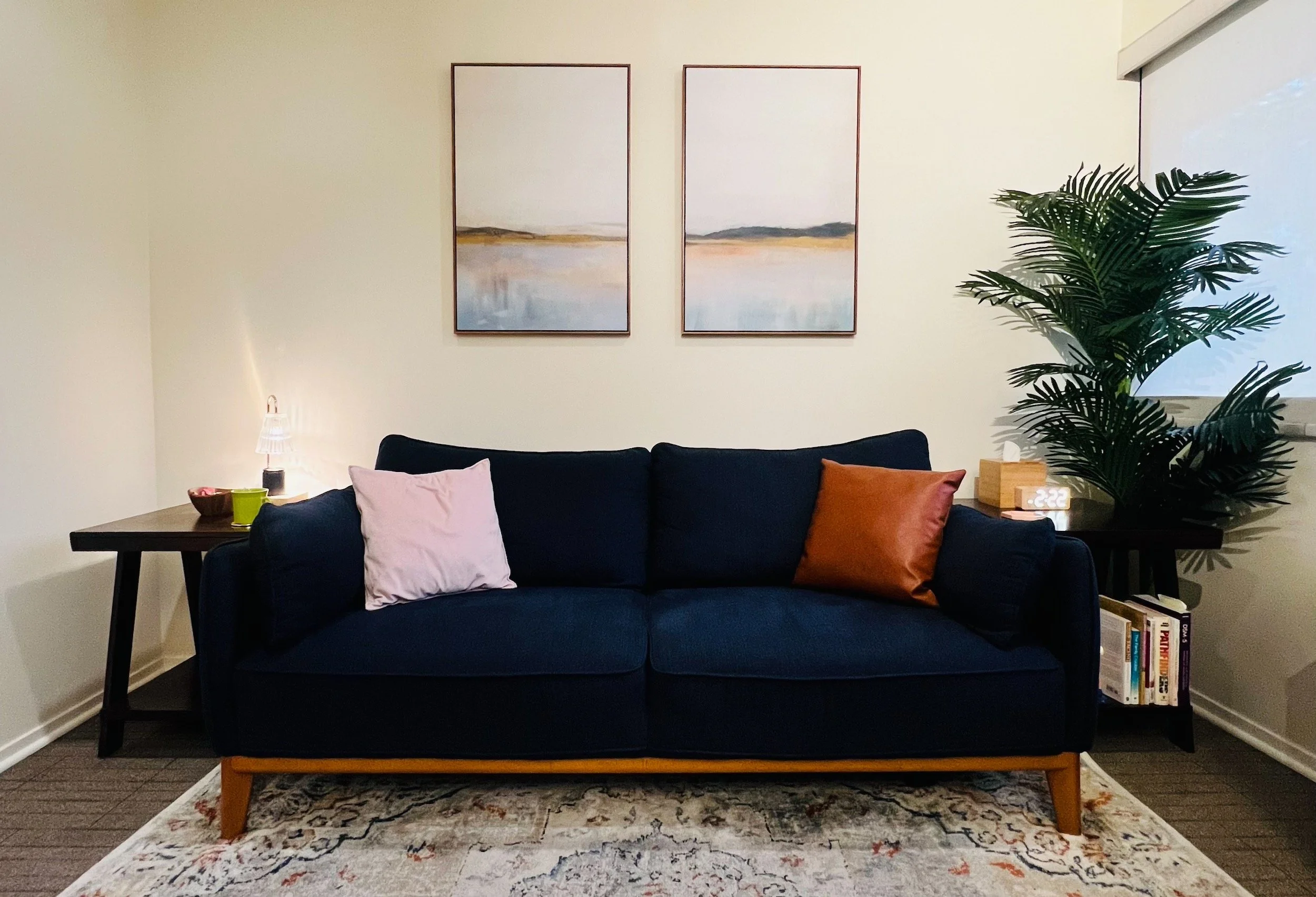 The couch in the office of Ben Esch, LMFT.
