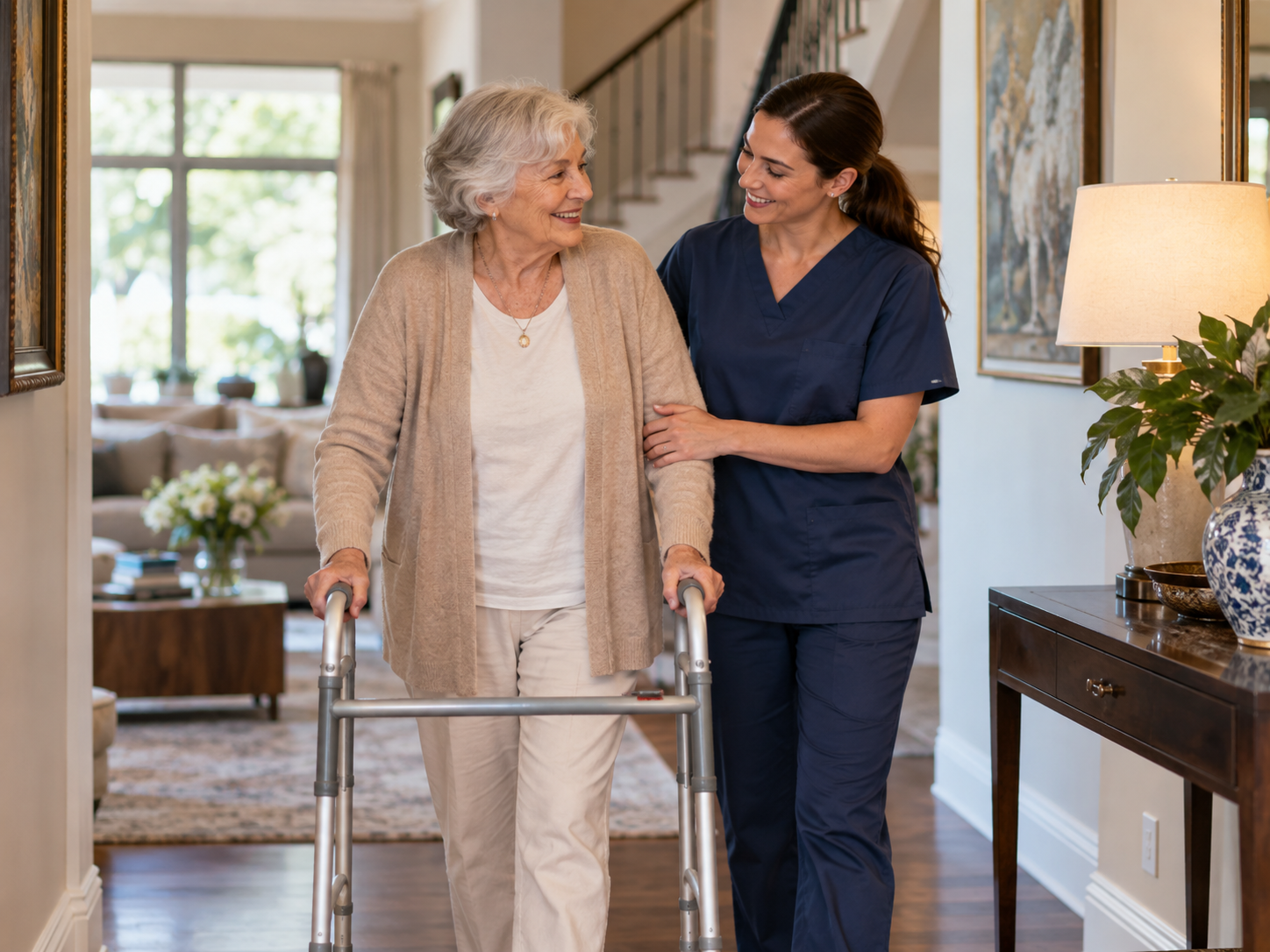 Caregiver helping an older adult walk safely at home