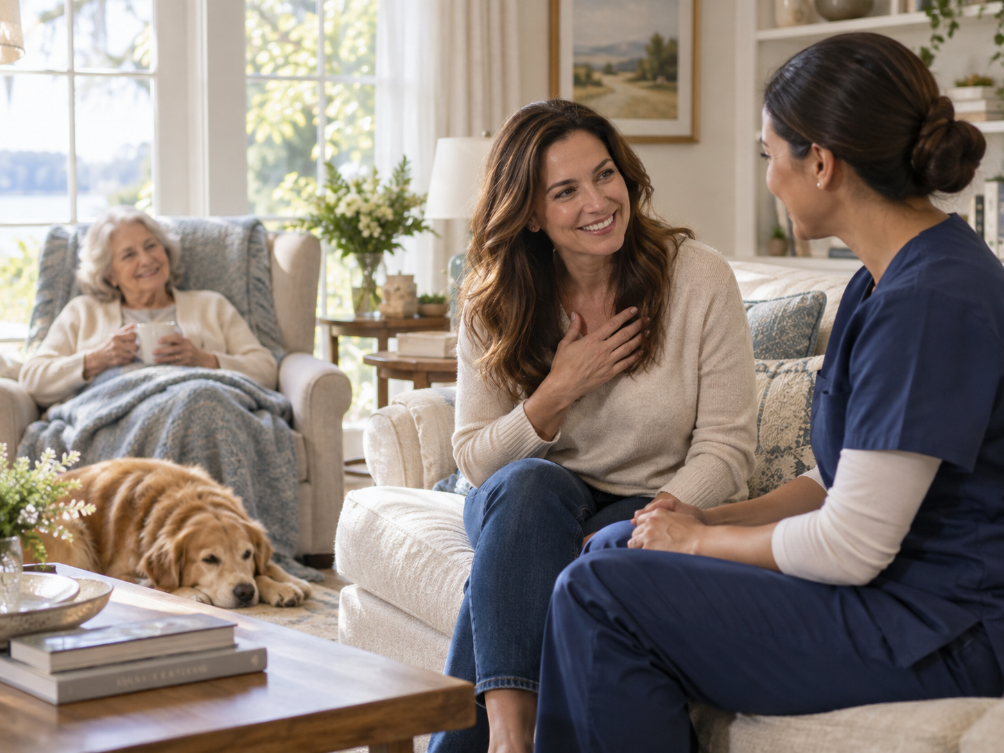 Family caregiver speaking with a professional home caregiver while an older loved one rests nearby