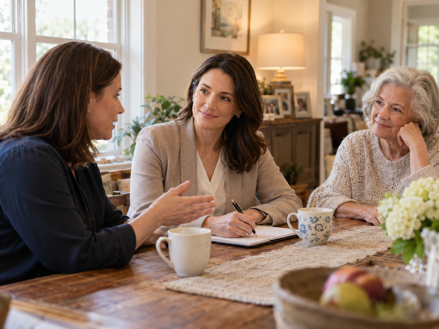 Home care professional listening to a family during an in-home conversation