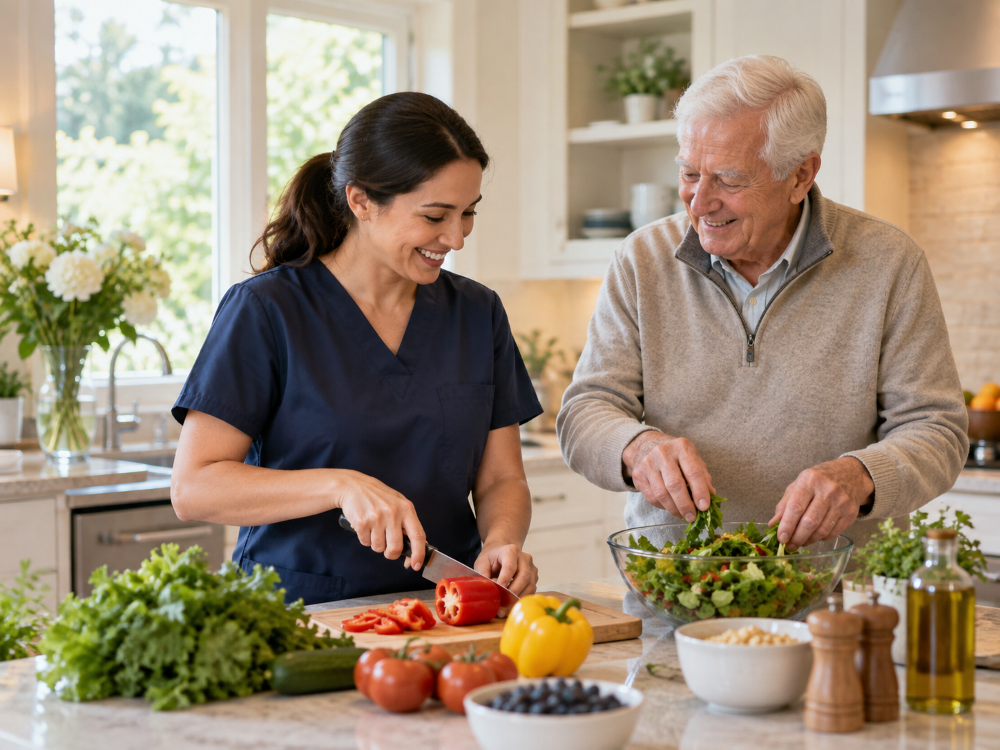 Caregiver and older adult preparing a healthy meal together at home