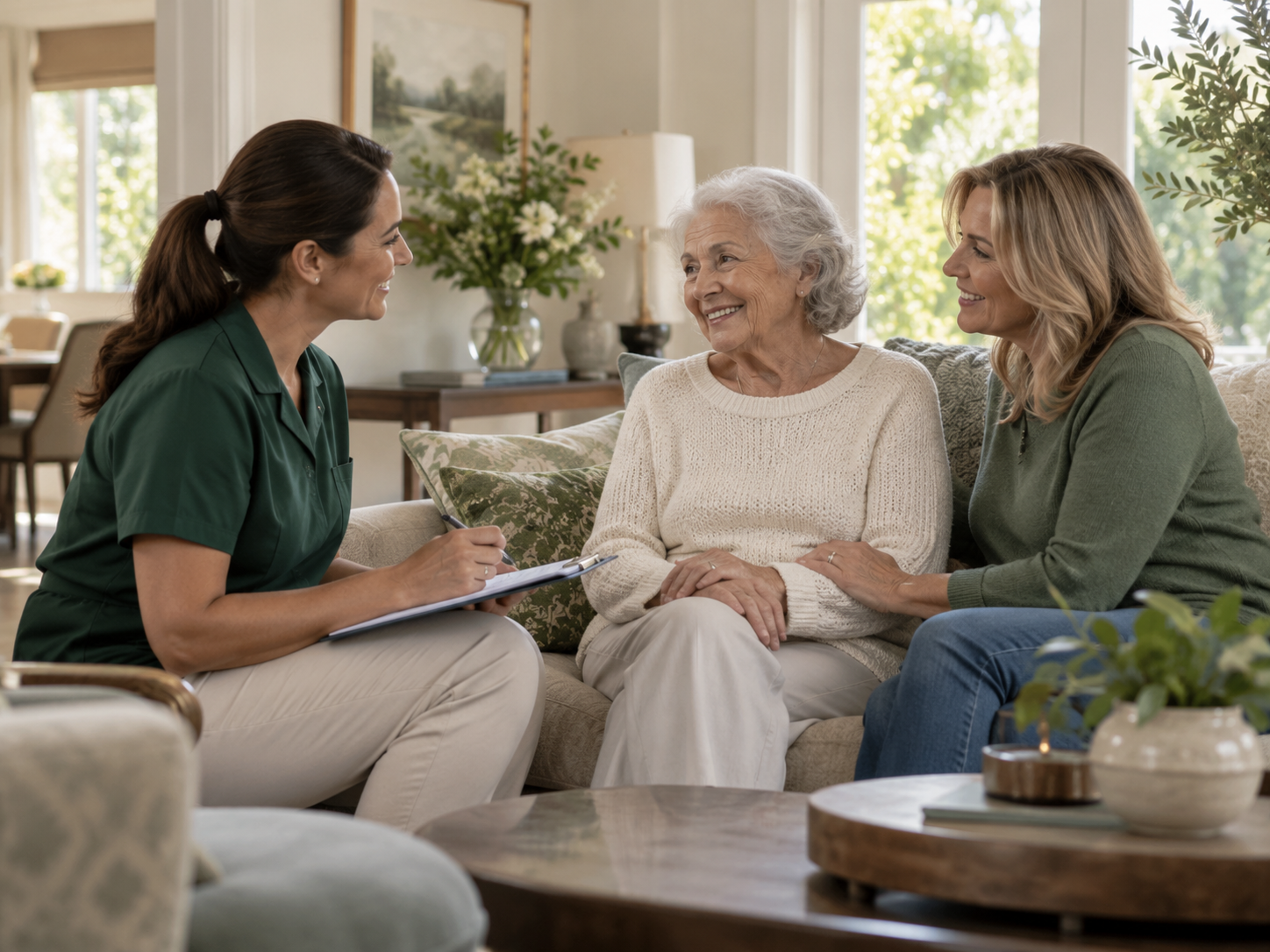 Vyzera caregiver speaking with an older adult and her family at home