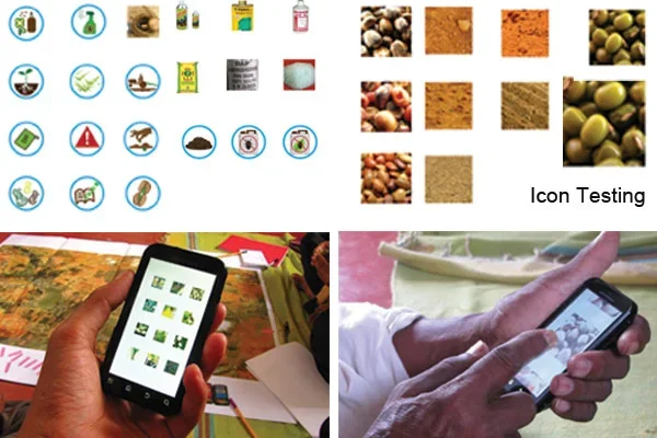 A collage of images related to testing and analyzing items. The top left shows scientific or health icons, the top right shows color and texture samples, bottom left shows a person using a smartphone with a selection of icons or apps, and bottom righ