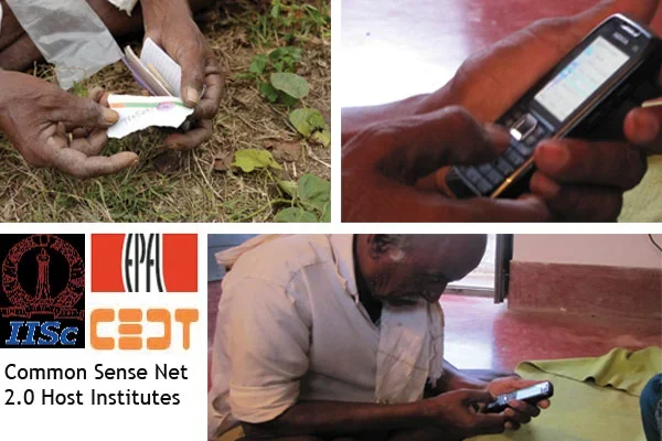 Three men using mobile phones and a person taking notes outdoors, with logos of Common Sense Net 2.0 Host Institutes.