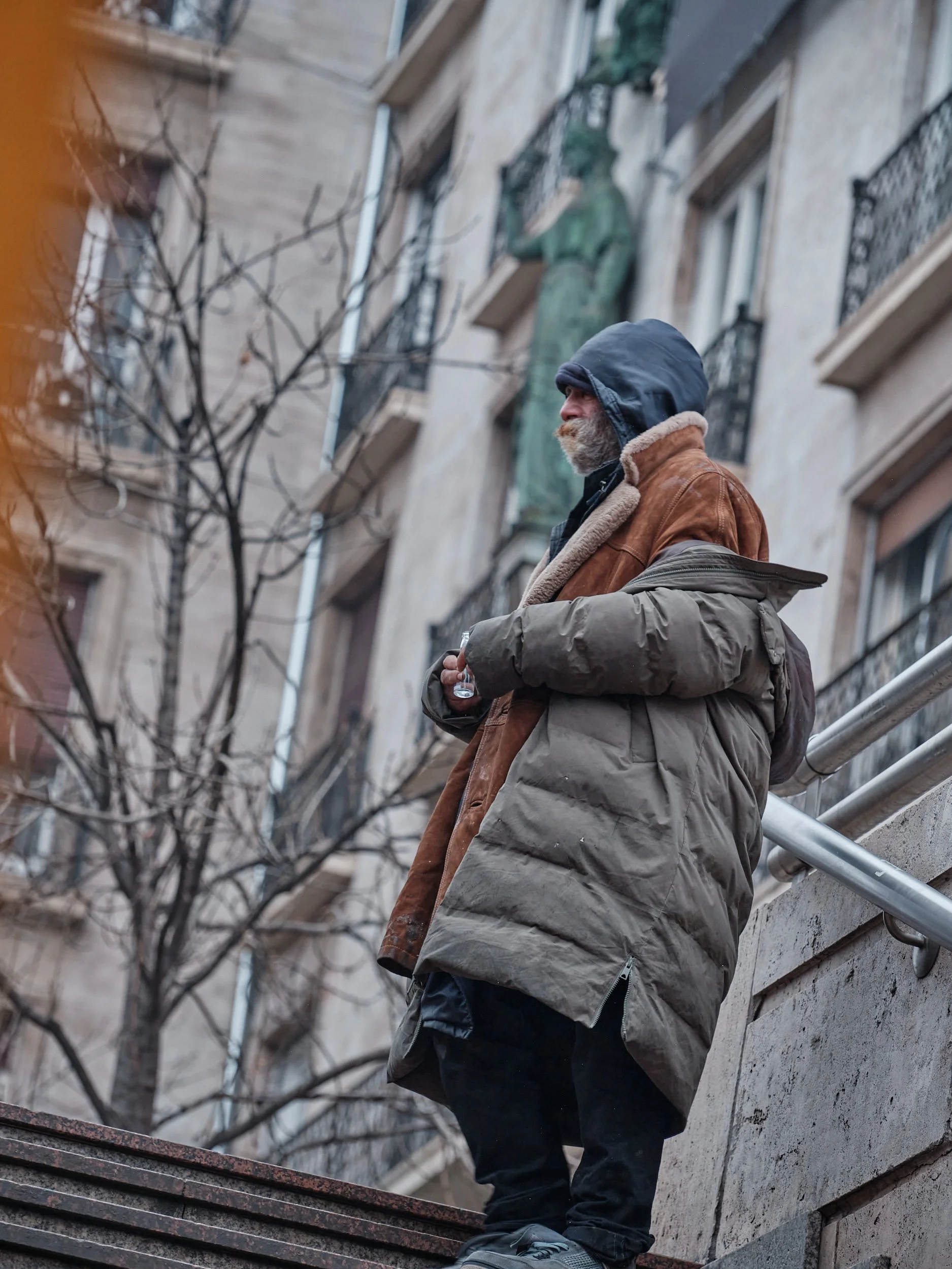 Winter on the stairs—waiting in plain sight.
