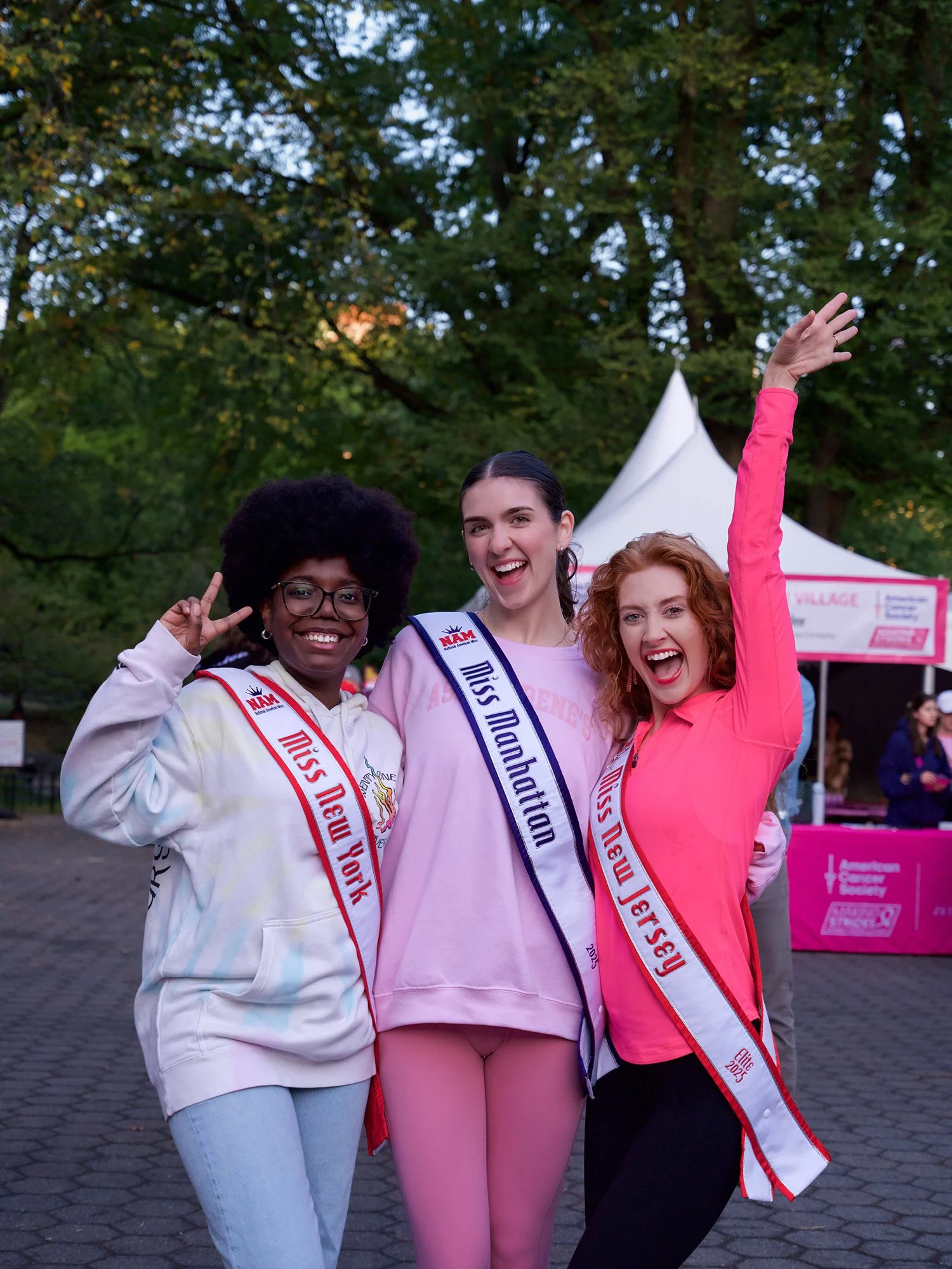 Miss New York, Miss Manhattan, and Miss New Jersey portrait at the Making Strides Central Park 2025 walk