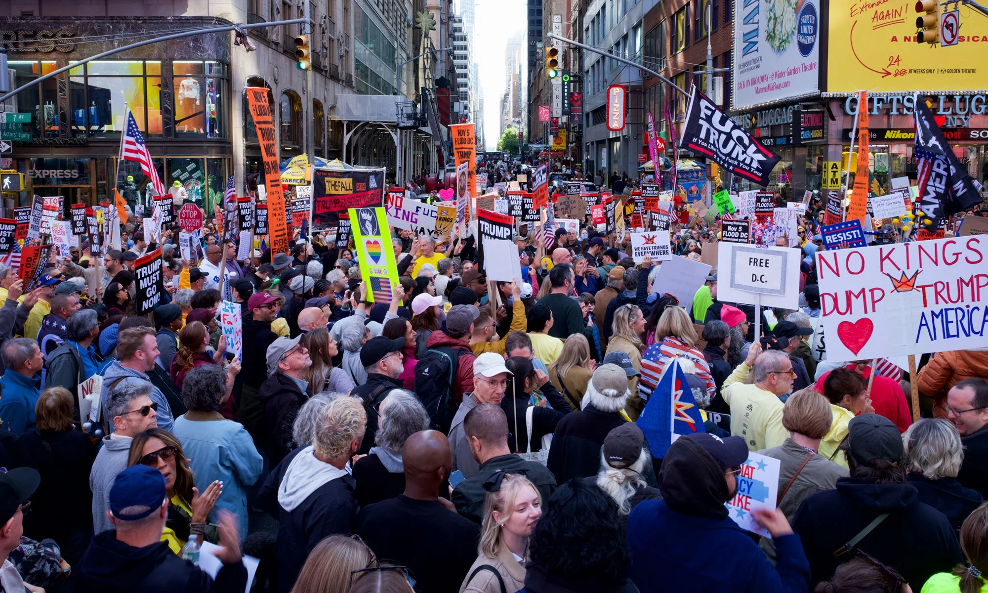Father Duffy Square fills as the No Kings march gets ready to step off.