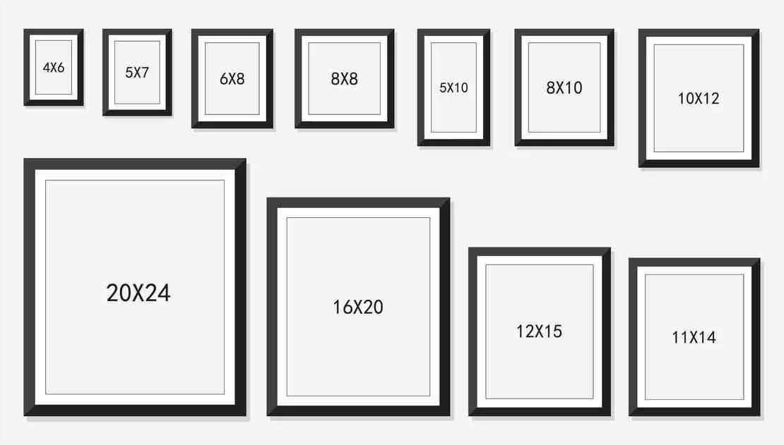 Array of picture frames of various sizes arranged on a wall, with measurements labeled inside each frame.