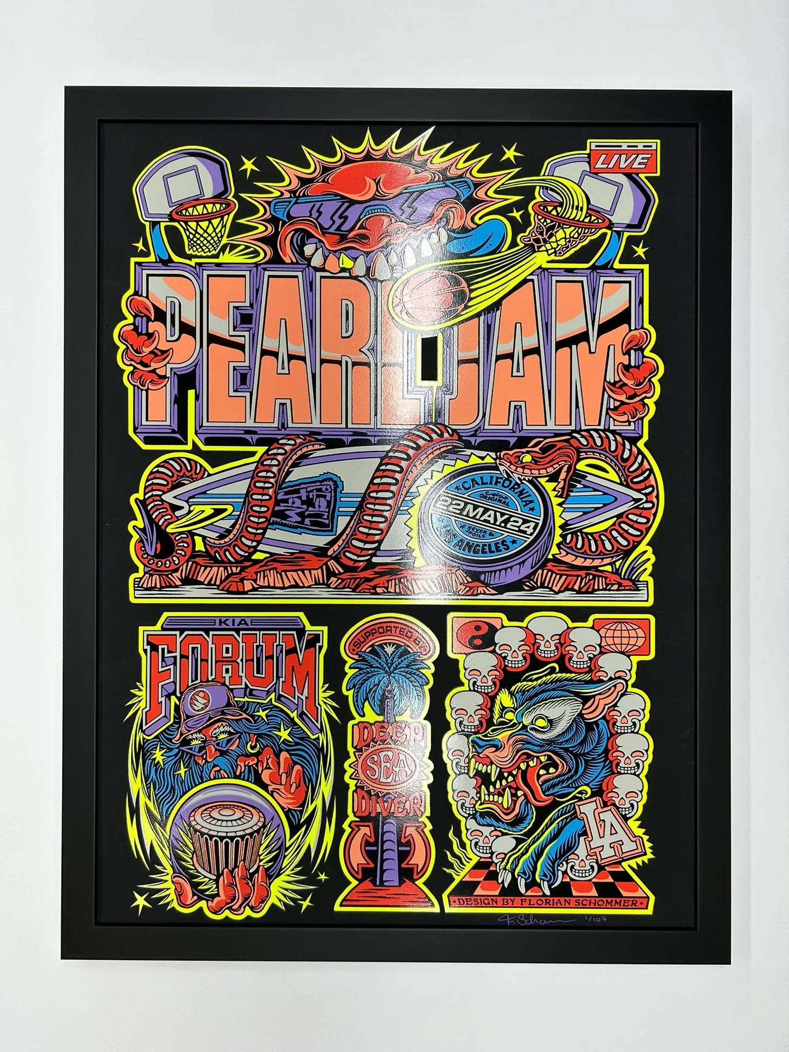 Colorful artwork with the words "PEARL JAM", a basketball with a trail, a snake around a wristband, a dragon with skulls, a palm tree with "Deep Sea Diver" text, a lion with a vinyl record, and a stylized face with horns, all on a black background.