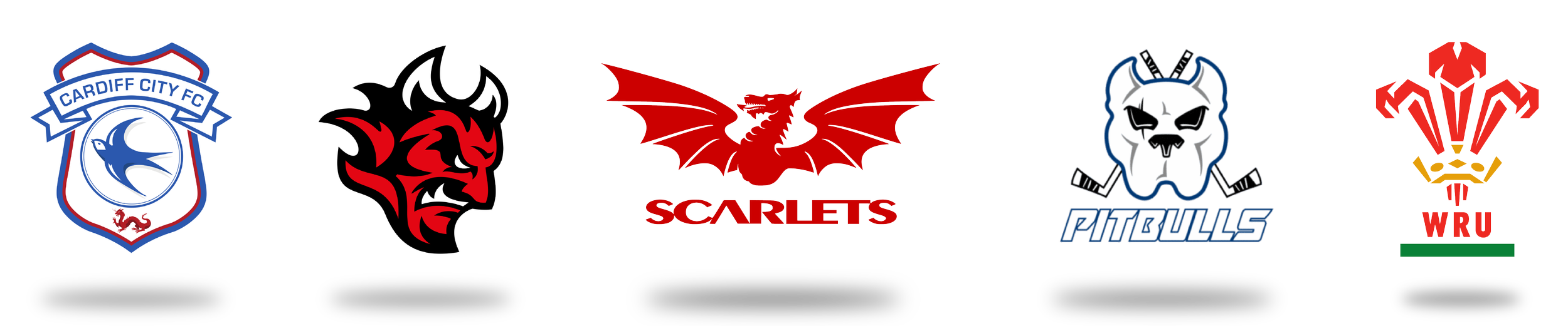 Logos of Cardiff City FC, Cardiff Devils, Llanelli Scarlets, Bristol Pitbulls, WRU and Welsh Rugby Union - a red and gold crown with Welsh flag colors representing rugby teams.