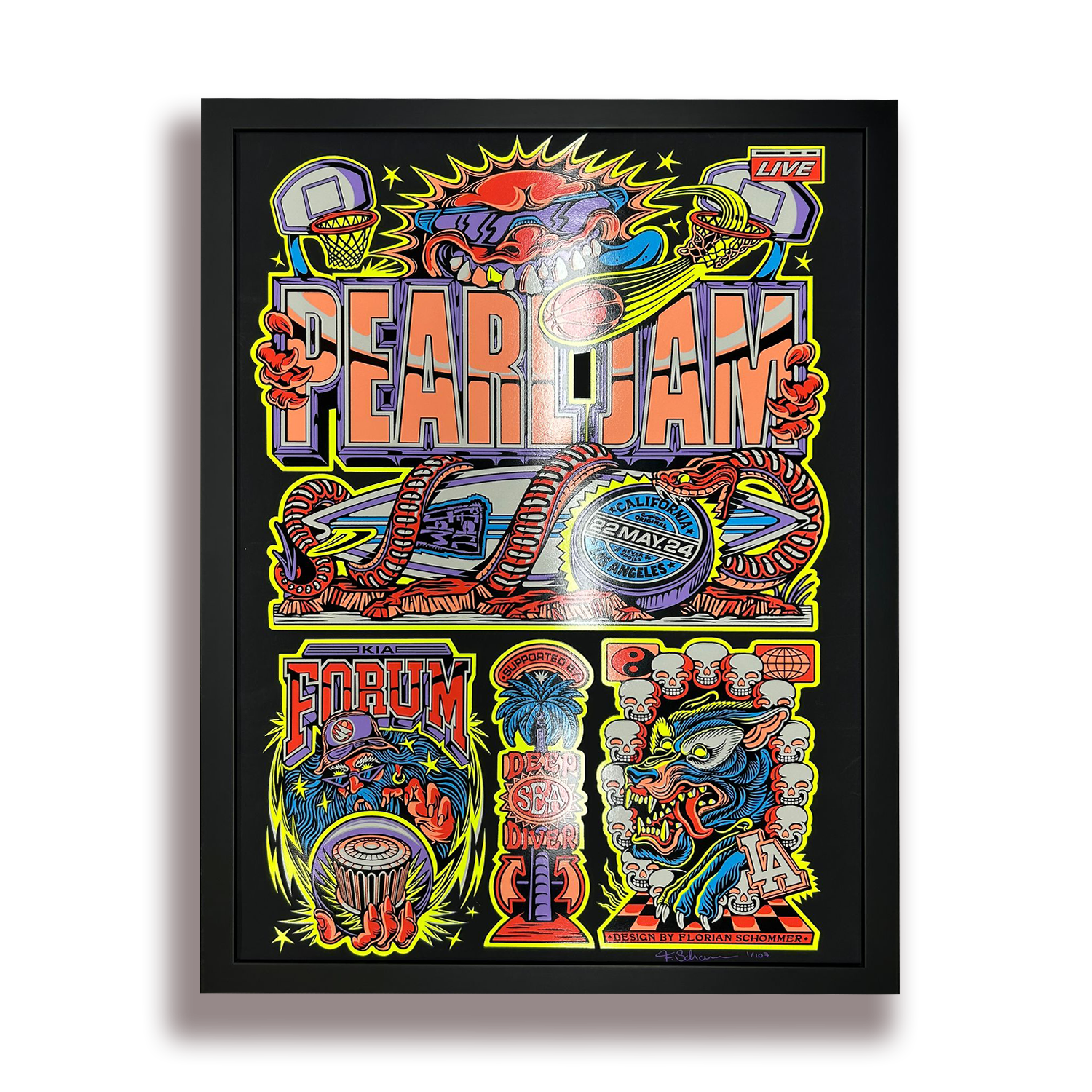 Colorful poster for an event called 'Year Jam' featuring various graphics including basketball hoops, a snake, a lion, a skull, and a tiger, with details about the event date and location in Los Angeles, California.