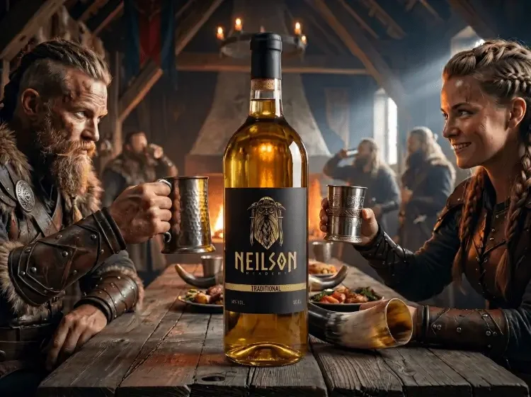 Two people in medieval costumes sitting at a wooden table in a rustic hall, clinking metal cups together with a bottle of Neilson traditional mead in the center.