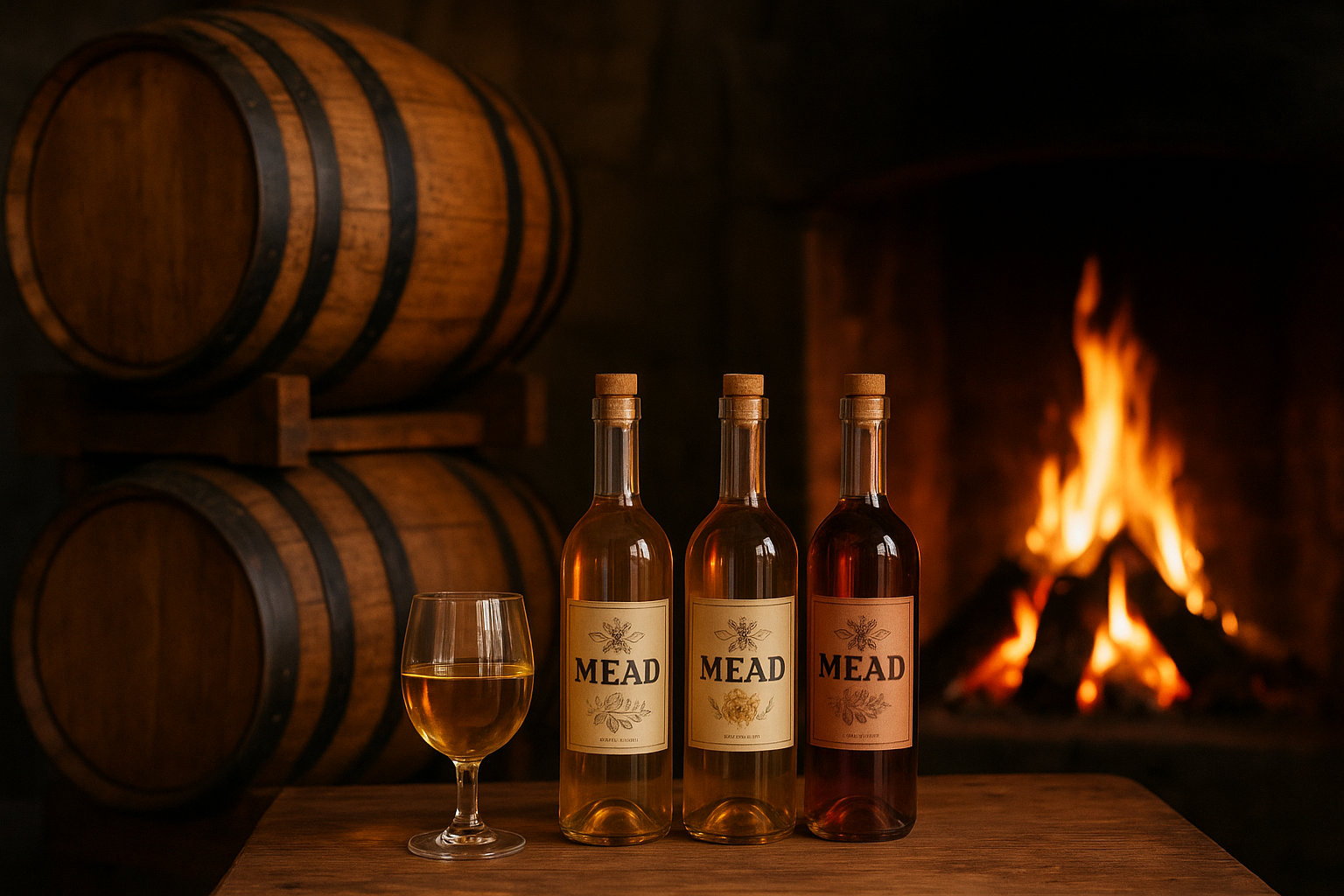 Three bottles of MEAD with cork stoppers and a glass of mead on a table in front of a fireplace, with wooden barrels stacked in the background.