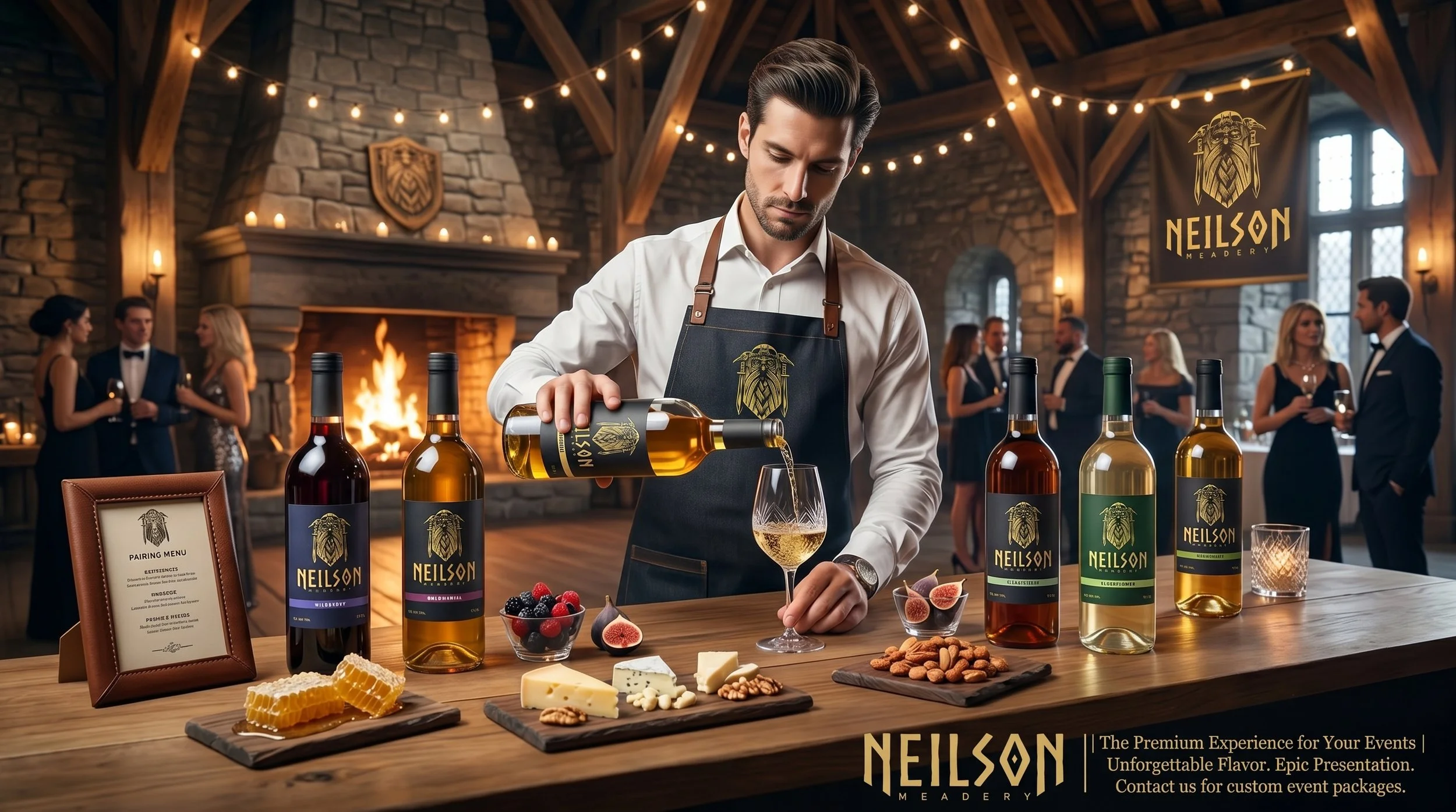 A bartender pouring a golden drink into a glass at a wine tasting event, with bottles of wine, cheese, fruits, and nuts on display, in a rustic, warmly lit venue with people socializing in the background.