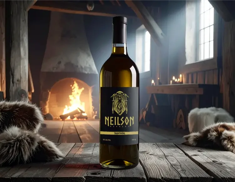 A bottle of Neilson wine placed on a rustic wooden table inside a cozy cabin with a stone fireplace burning in the background, and animal pelts on the table.