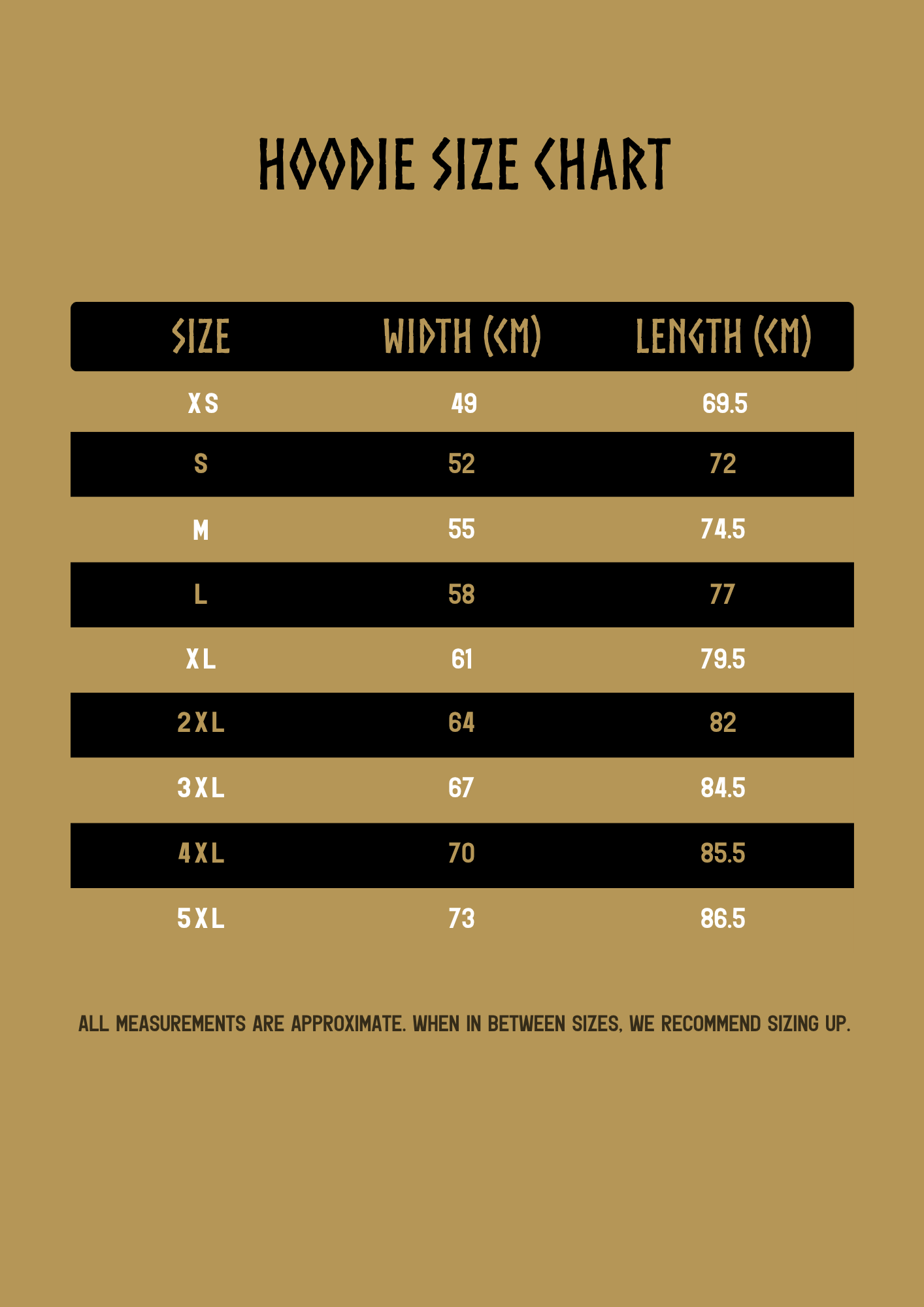 A chart titled 'Hoodie Size Chart' with size options from XS to 5XL and their corresponding width and length in centimeters, on a gold background.