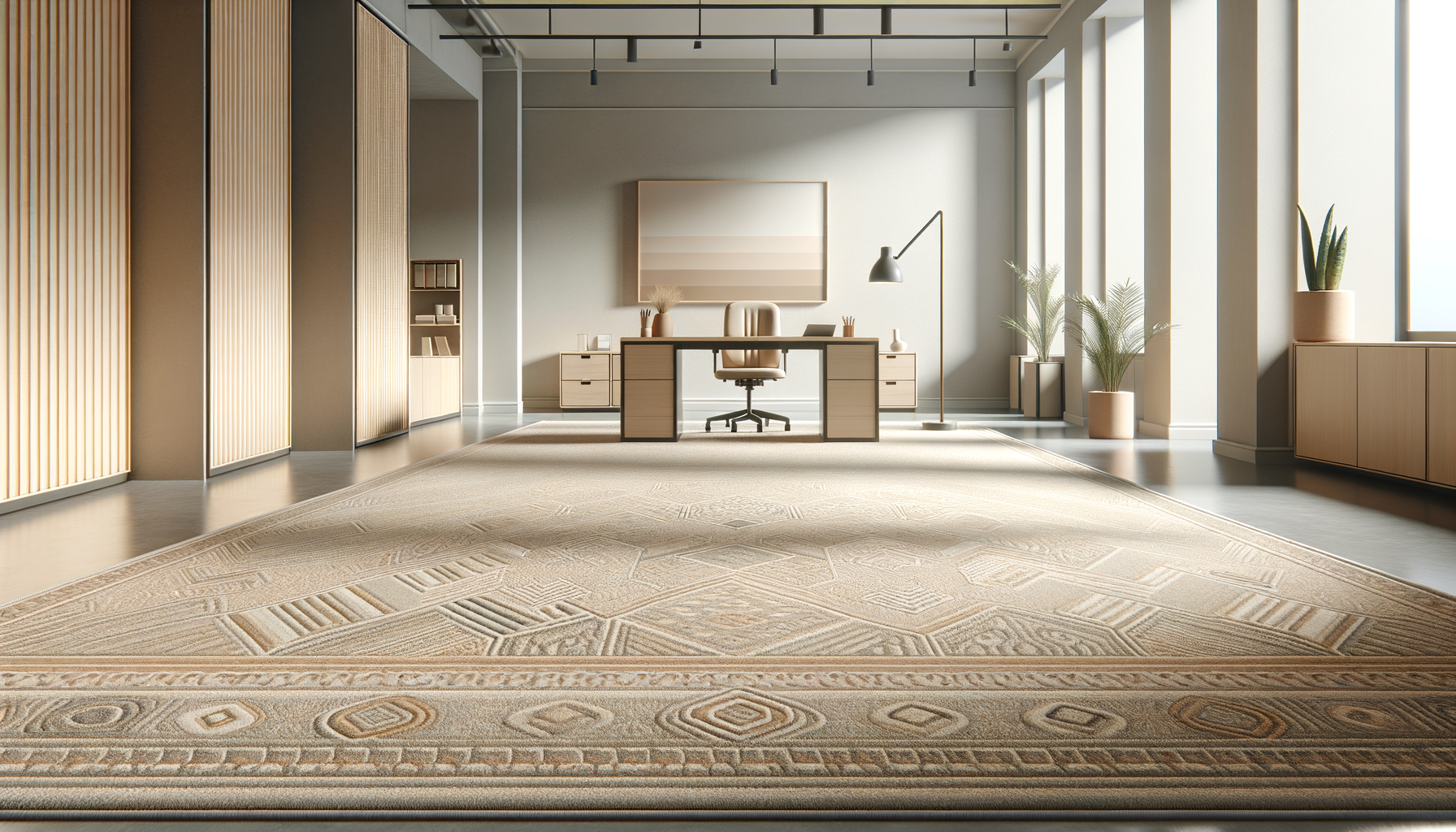 Modern, minimalist office with large window, beige rug, wooden furniture, potted plants, and a framed wall art