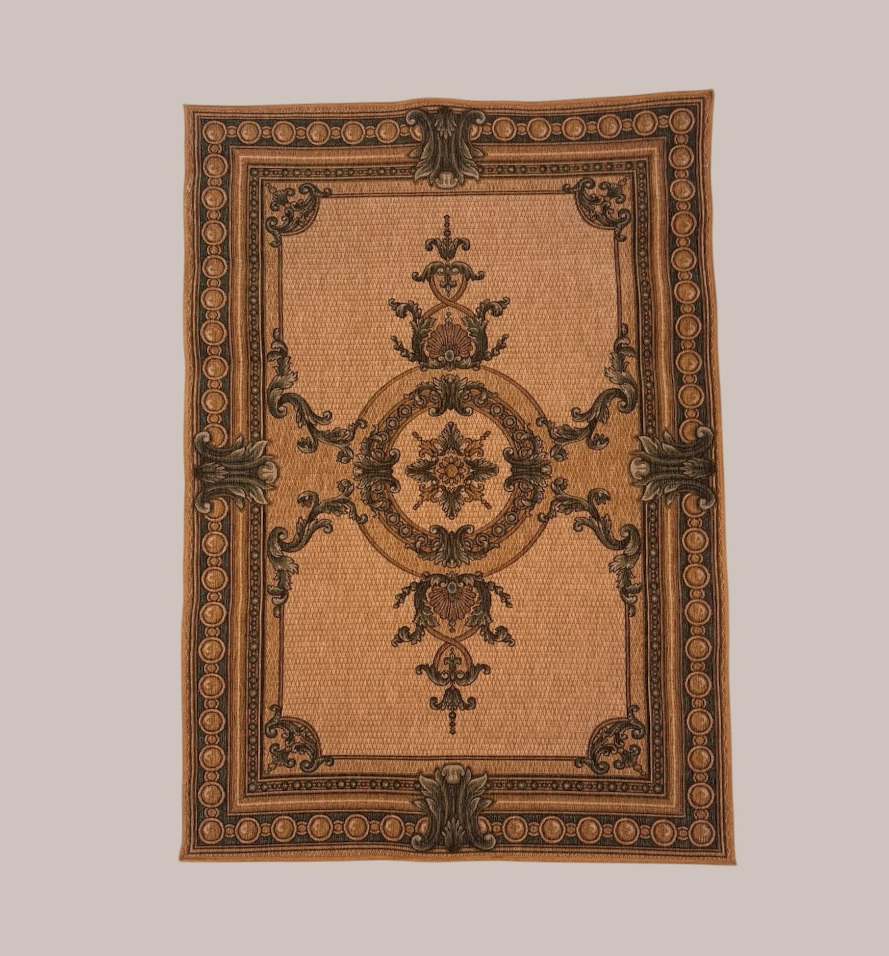 A decorative ornate rug with intricate patterns and a warm color palette, featuring floral and scroll motifs.