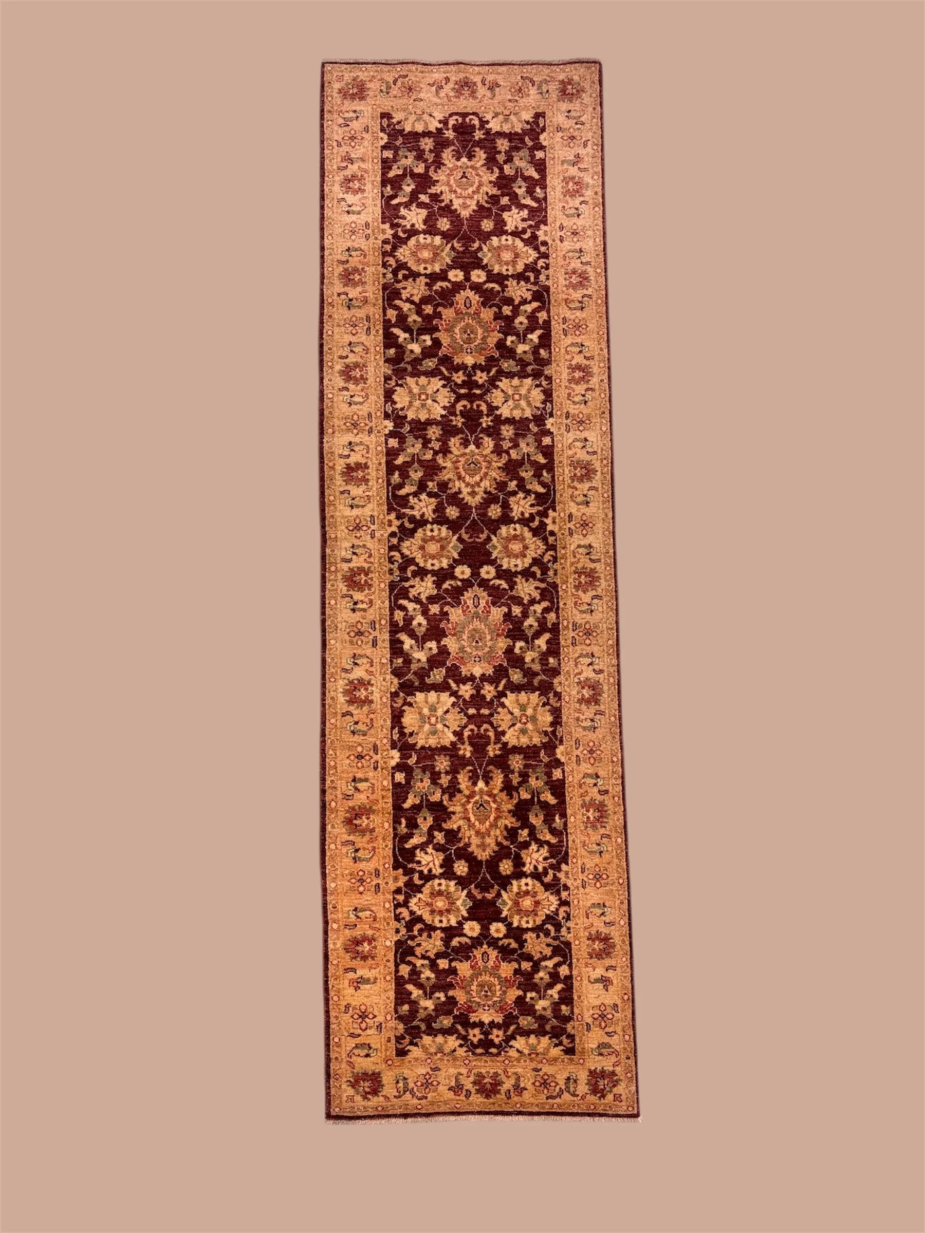 A long, narrow Oriental-style rug with a dark red, beige, and gold floral pattern and bordered by an intricate beige and red floral design.