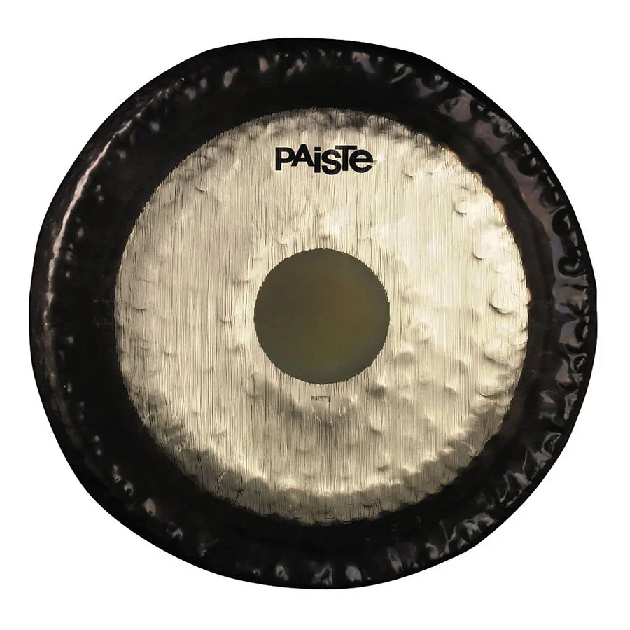 A sheet of Paiste cymbal with a shiny, textured surface and a central hole, framed by a black ring.