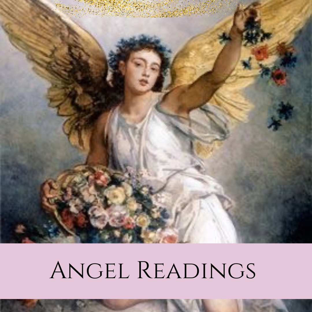 A painted image of an angel with large yellow wings, holding a bouquet of flowers, with text overlay reading 'Angel Readings'.