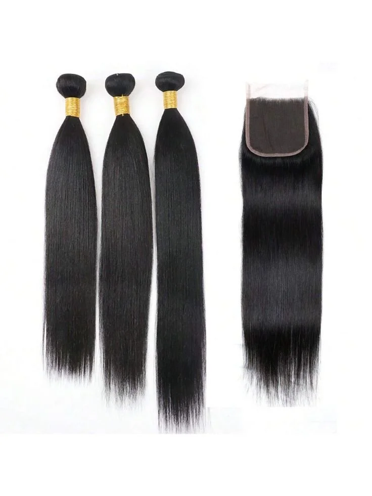 3 Bundles Unprocessed Peruvian Straight Hair With 4x4 Closure 100% Virgin Human Hair 3 Bundles With 4x4 Lace Closure Free Part Closure Natural Black Color.jpeg