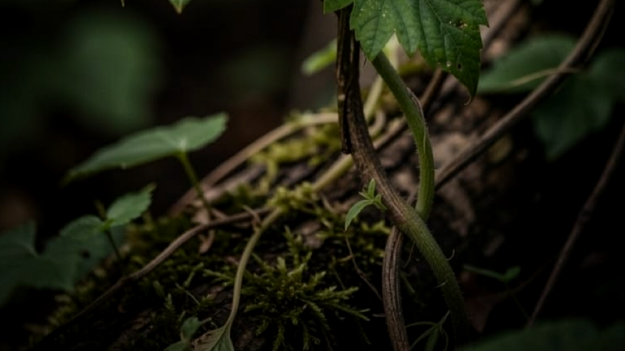 Close-up of green vine and leaves growing on forest floor.
