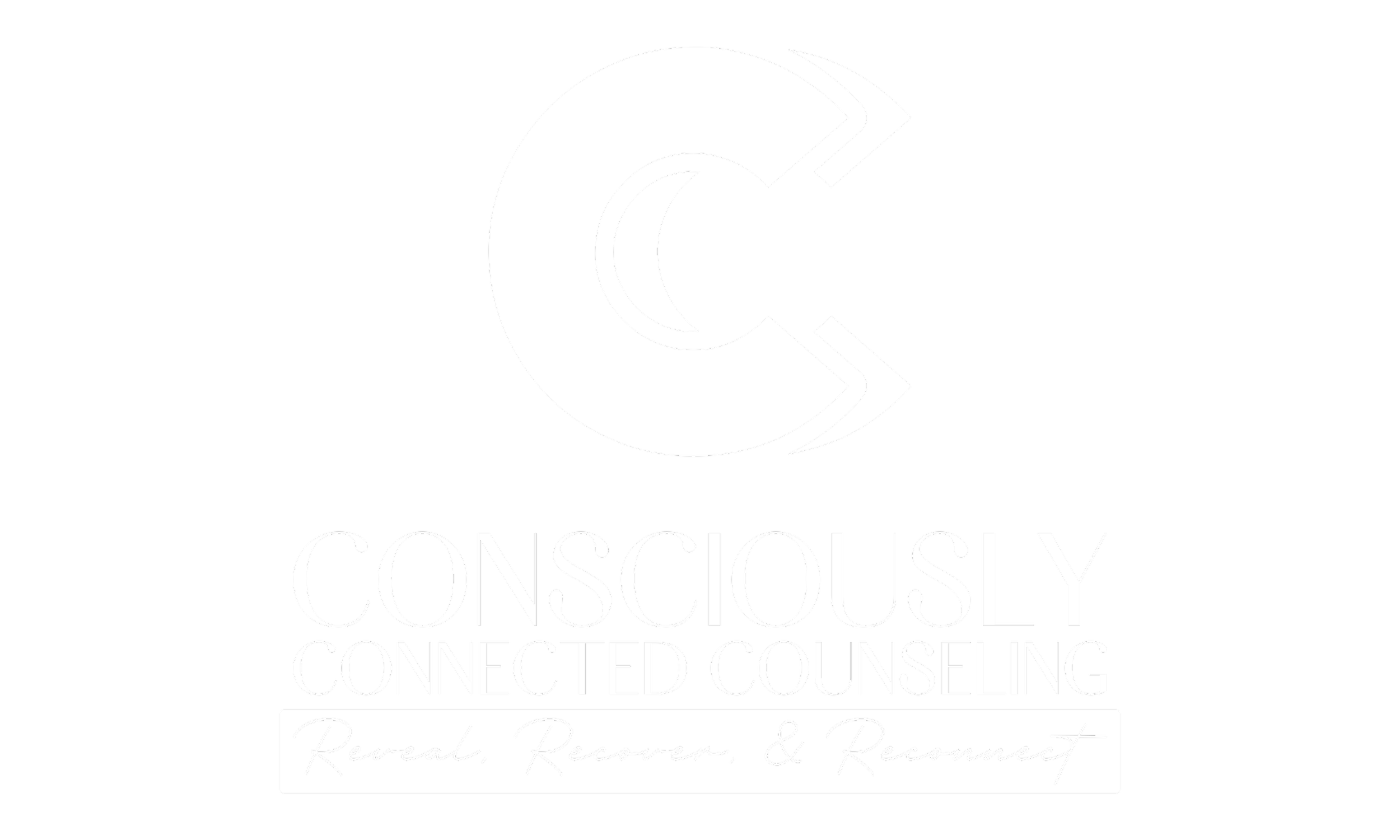 Logo with a stylized letter C and the word 'Conscious' underneath, followed by the phrase 'Connected Counseling' and the tagline 'Reveal, Recover, & Reconnect' in script.