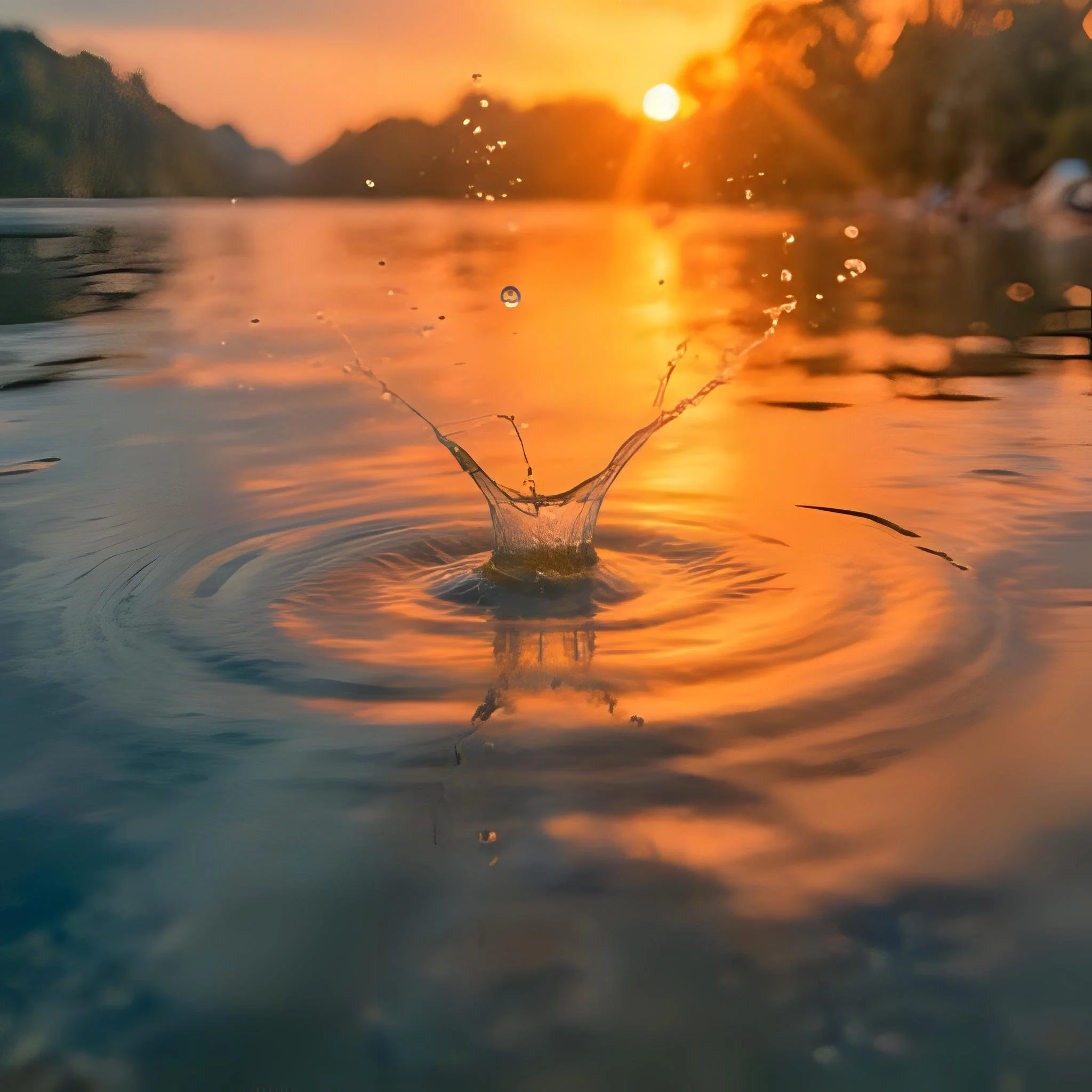 A splash in a body of water during sunset with the sun low on the horizon, reflecting orange and yellow hues on the water surface.