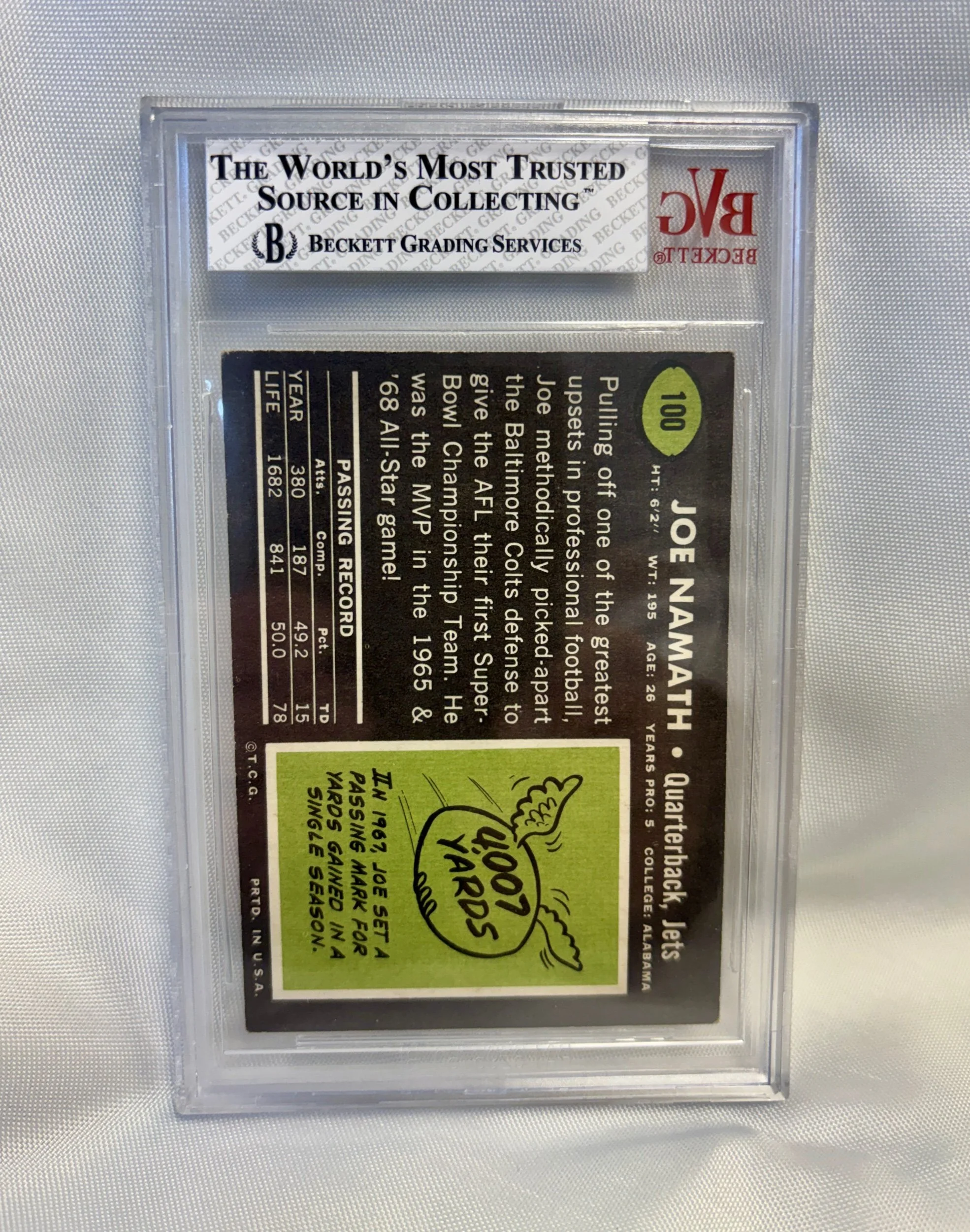 Joe Namath 1969 Topps back