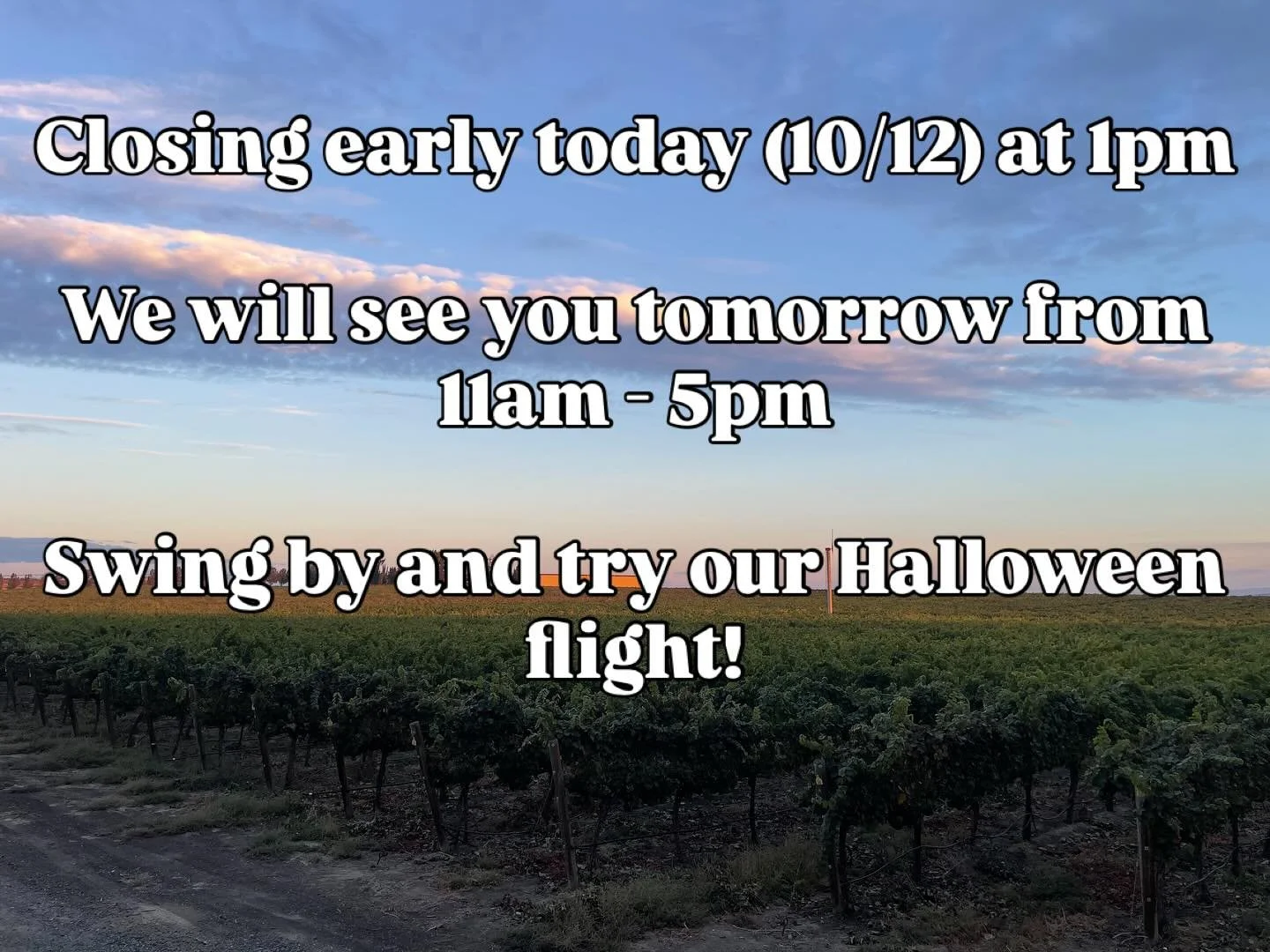 Closing early for a short harvest break.  We will be back tomorrow from 11am - 5pm. 
Come in and try out our Halloween candy pairing flight!